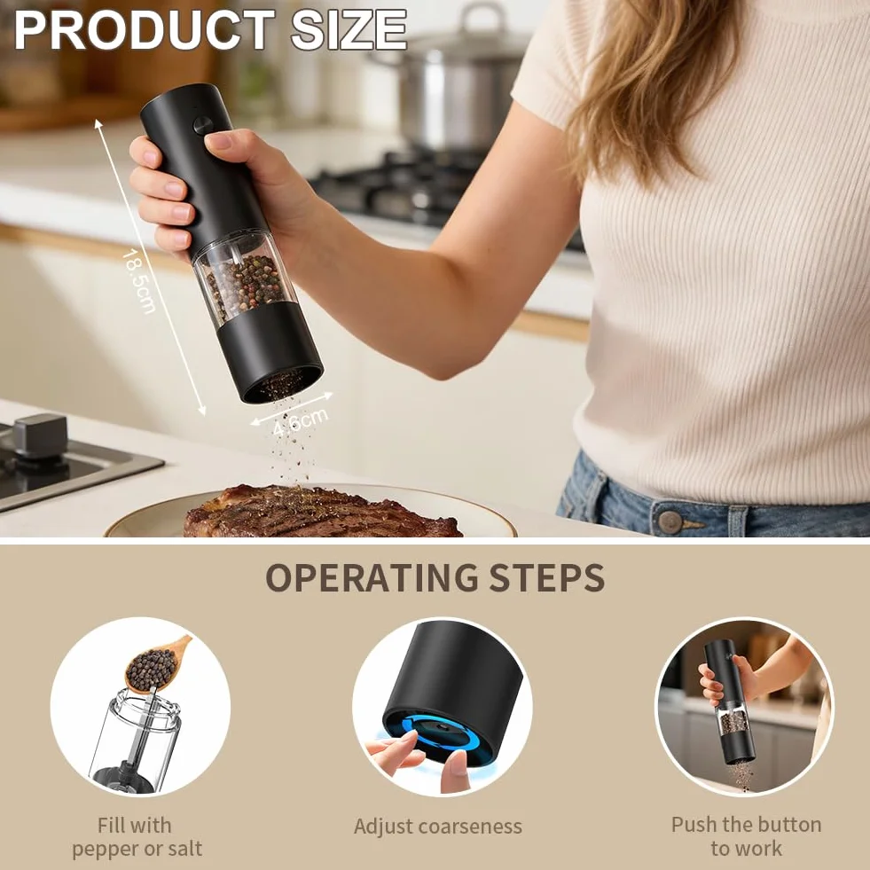 AXFEE Molinillo de Pimienta Eléctrico Recargable USB Tipo-C, 70 ml para la Cocina, Ajuste de Grueso, Funcionamiento con Una Mano, Molido Automático por Gravedad, para Cocina y Barbacoa(1 Unidade)