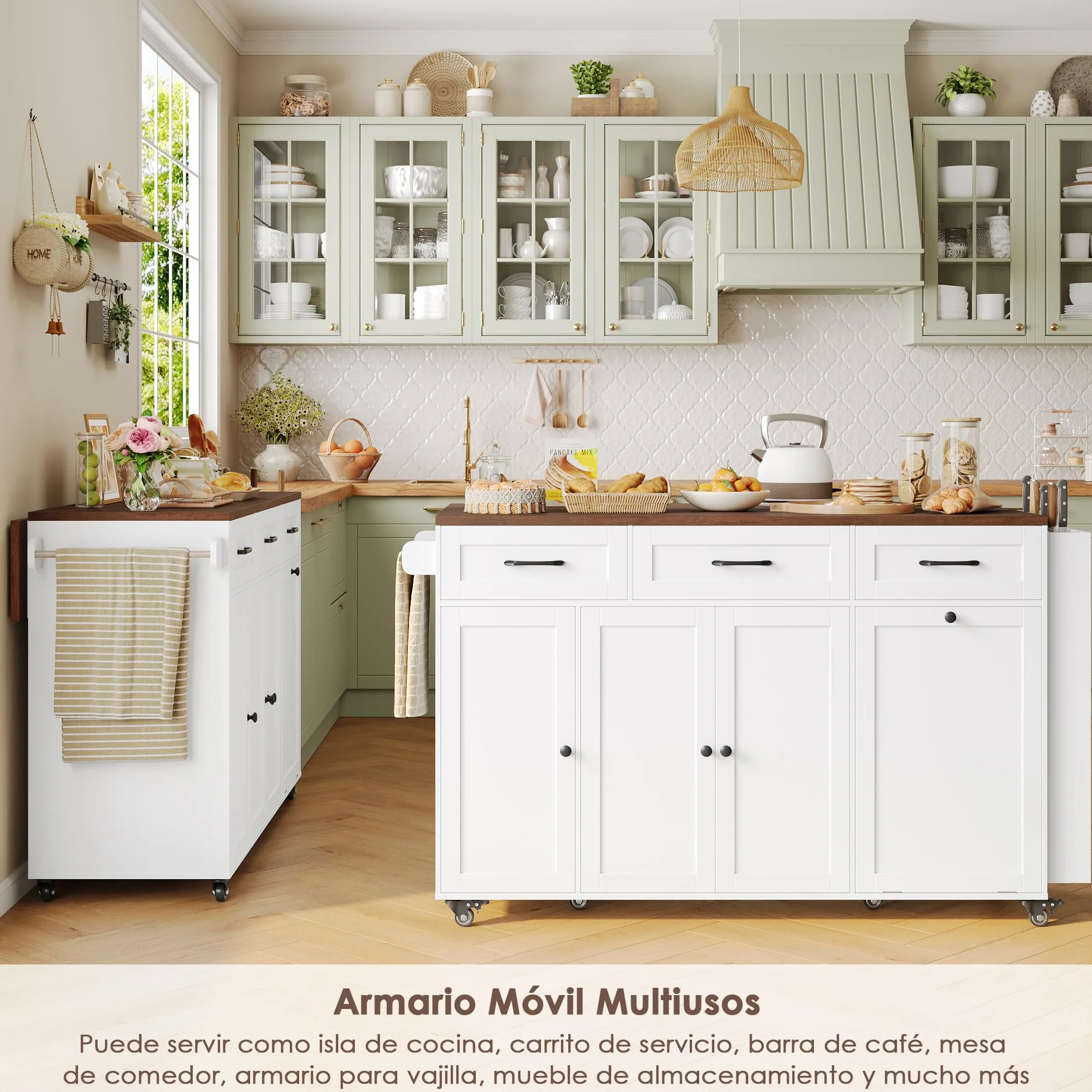 FirFurd Isla Cocina con Ruedas Carro de Cocina Carrito de Comedor Aparador con 3 Cajones Mueble Cocina Auxiliar con Mesa Plegable, Eenchufe, Especiero y Toallero, Blanco 135x60x88cm