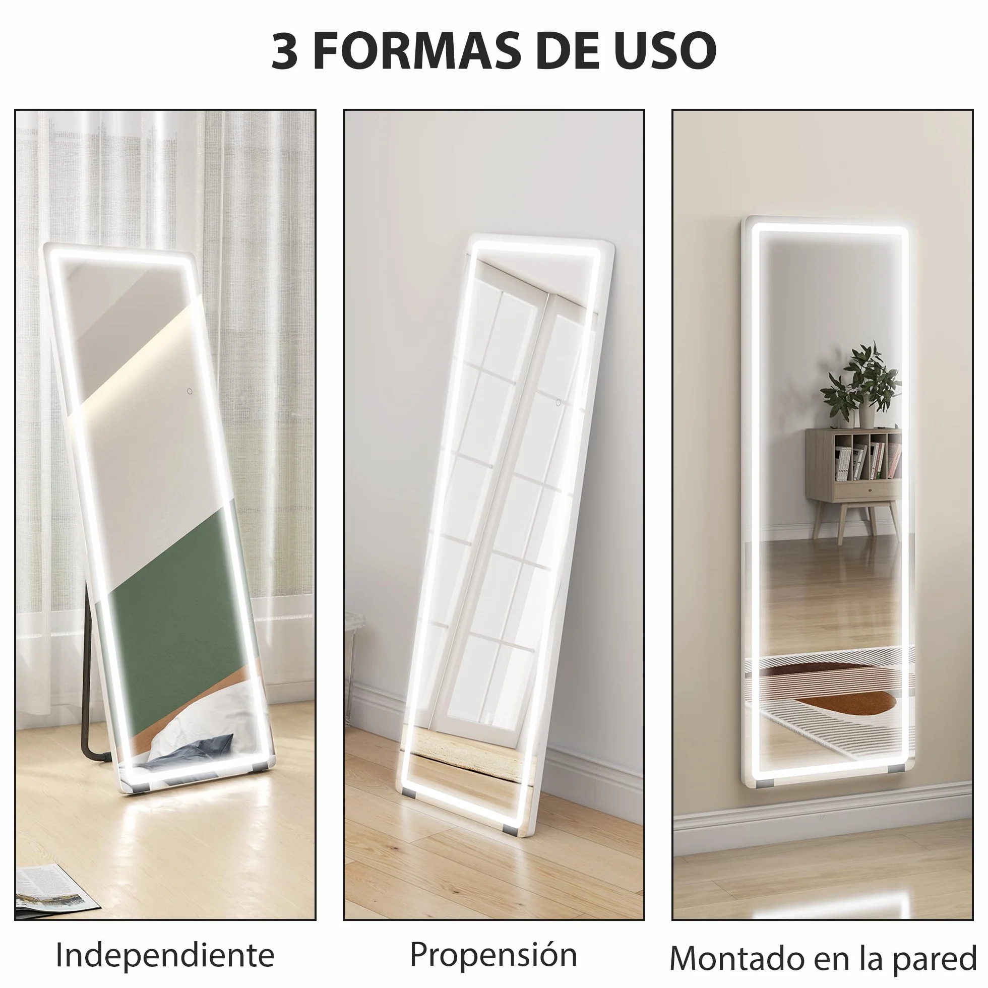 HOMCOM Espejo de Pie Cuerpo Entero con Luces, 150x50 cm, Espejo de Cuerpo Entero sin Marco, 3 Temperaturas de Color, Brillo Ajustable, Independiente, Apoyado y de Pared, para Dormitorio, Transparente