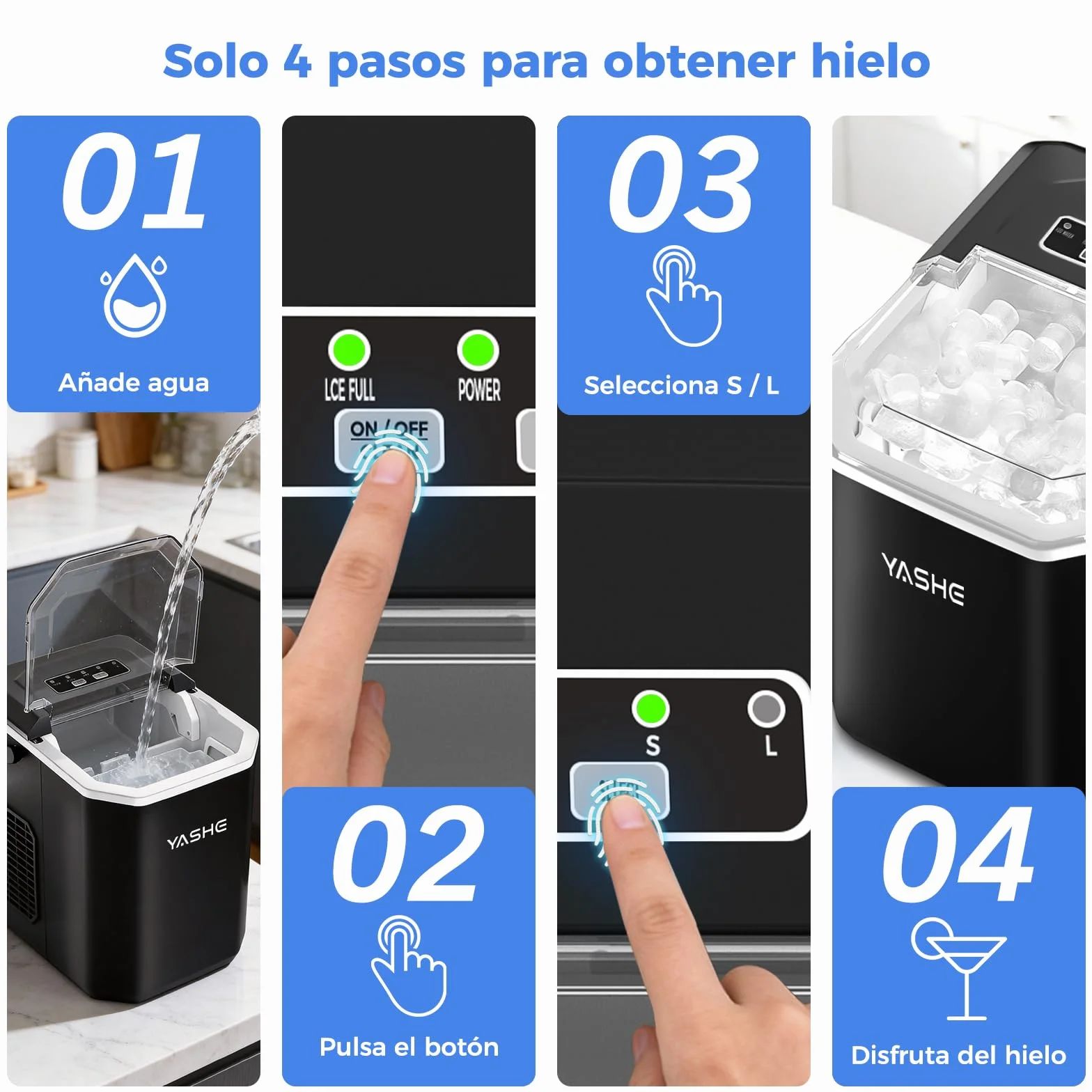 YASHE Máquina de Hielo de Encimera, 12 kg/día, 9 Cubitos en 6 Min, Portátil, Autolimpiante