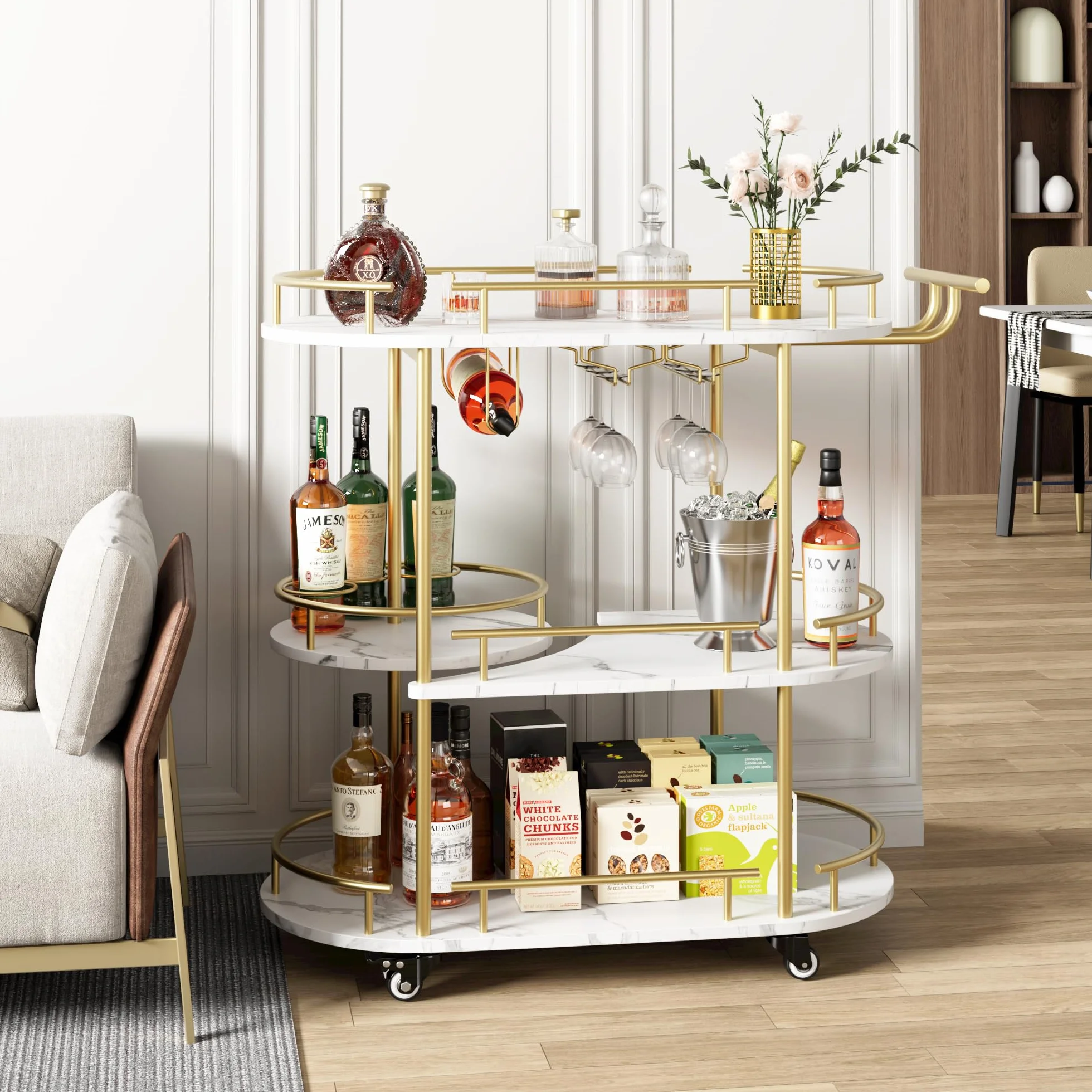 Muebles de Bar,Carros de Vino,Estante de Botellas de 3 Niveles, Ovalado, Base Blanca,Carro de deesert Estructura de Metal Dorado, construcción de gres porcelánico y Metal, Dimensiones 94 × 87 × 40 cm