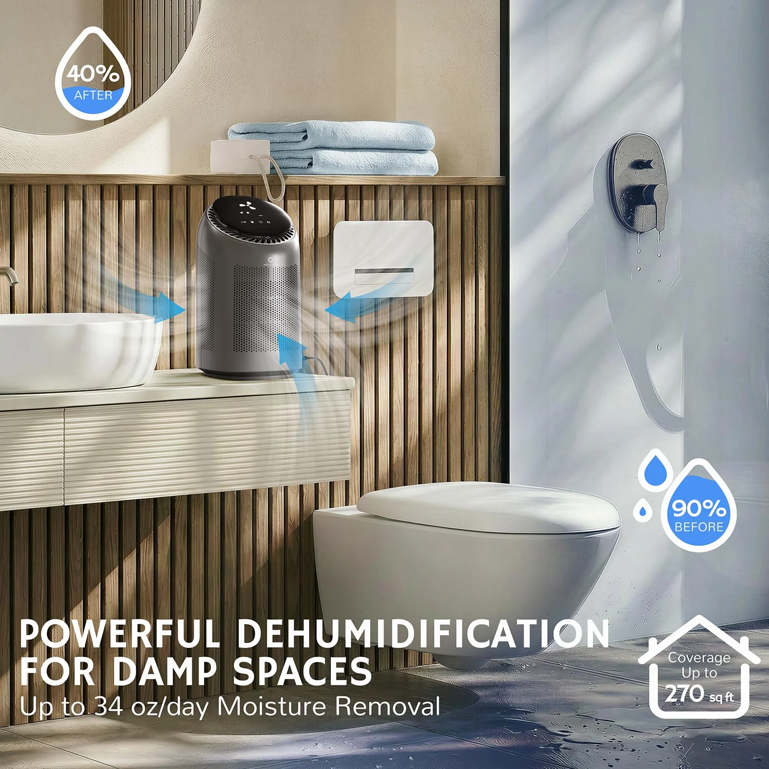Airthereal AZH200 2-en-1 - Deshumidificador y purificador de aire Combo, pequeño deshumidificador con filtro HEPA, 1000 ml, hasta 25 m², apagado automático, silenciador para dormitorio, cuarto de baño