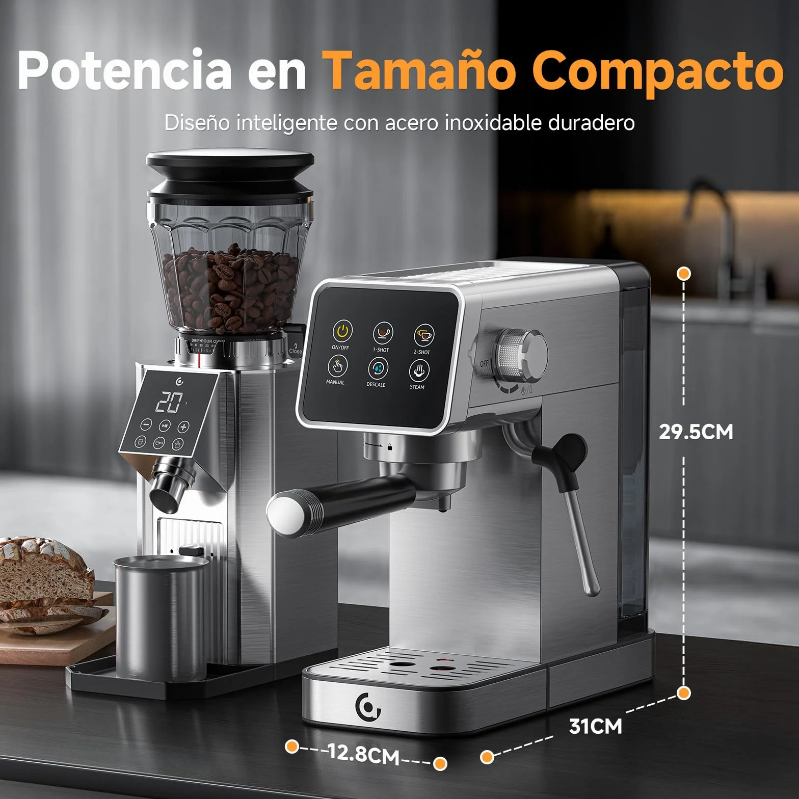 AMZCHEF Cafetera Espresso 20 Bar de Acero Inoxidable con Pantalla LED Táctil, Cafetera Express con Autolimpieza y Vaporizador de Leche, Compacta para Cappuccino y Latte, Ideal para Casa y Oficina