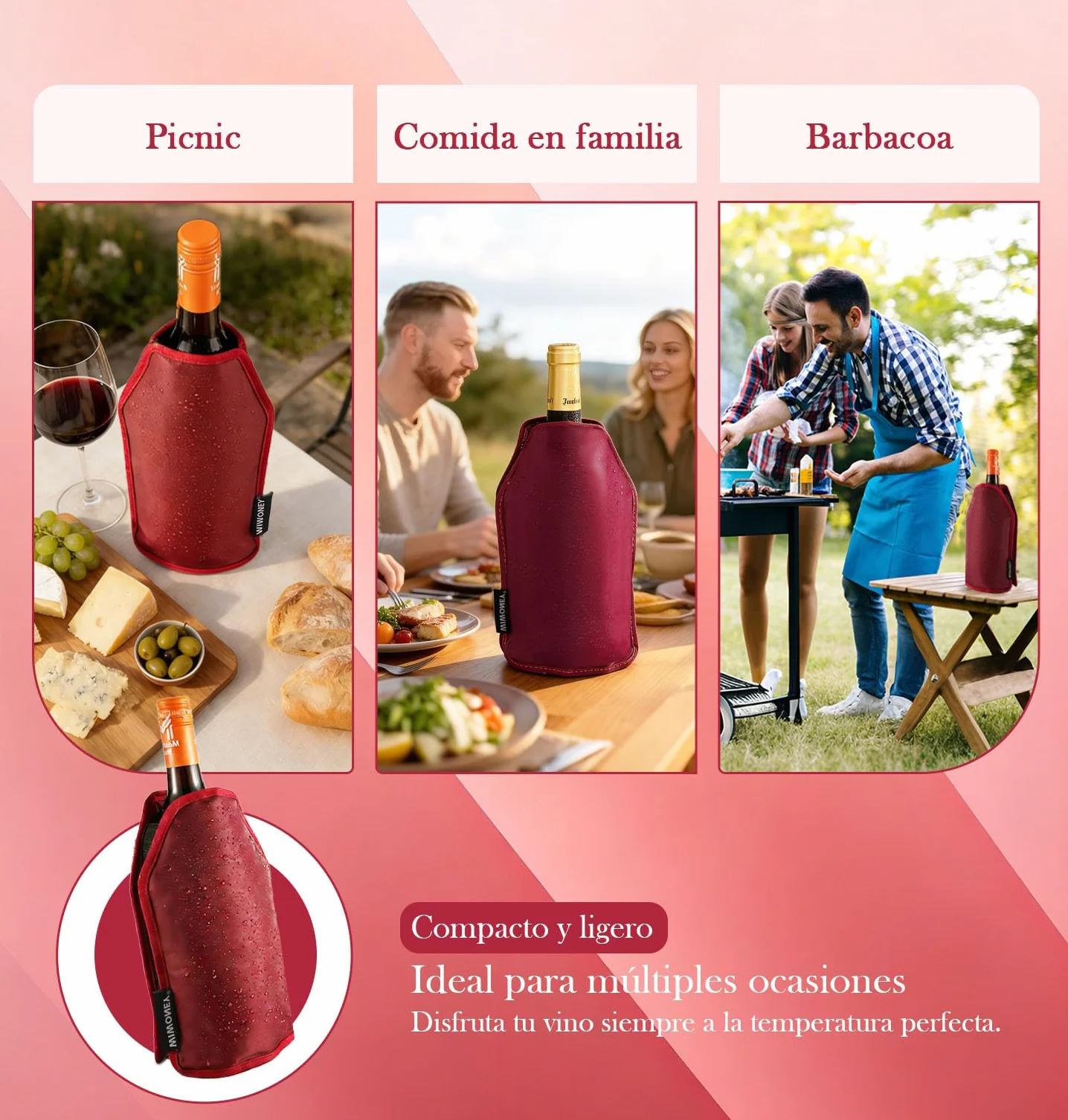 Enfriadora de Botellas de Vino Magnum, Funda Enfriadora de Gel No Congelable, Nailon, Rojo Vino