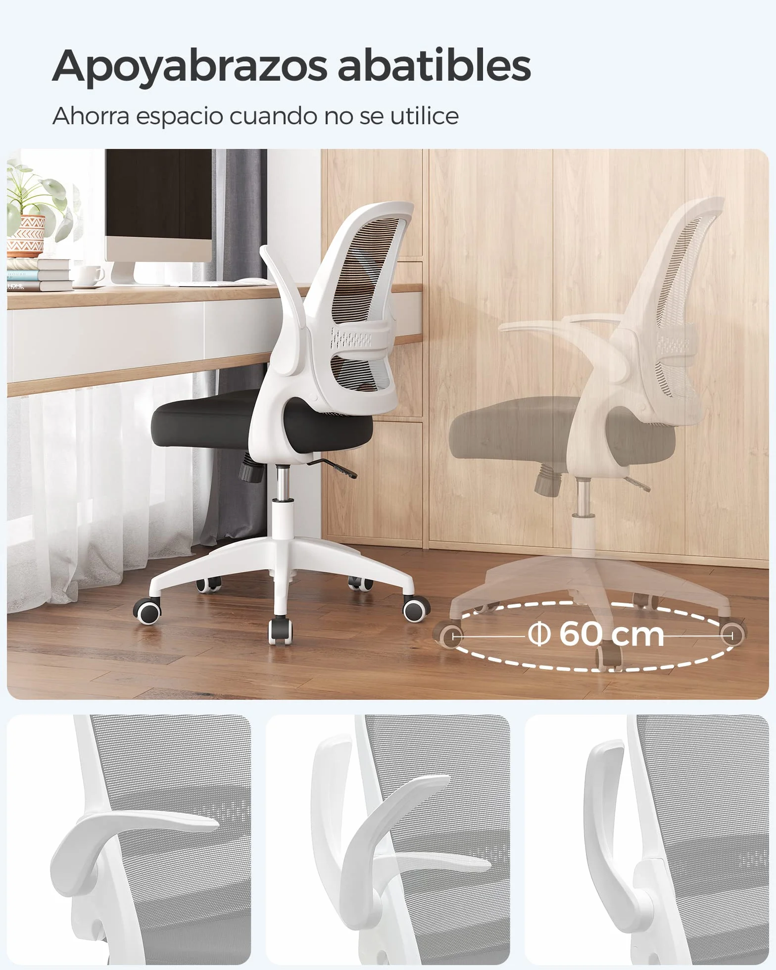 SONGMICS Silla de Oficina Ergonómica Giratoria Altura Ajustable Apoyabrazos Abatibles Blanco y Negro