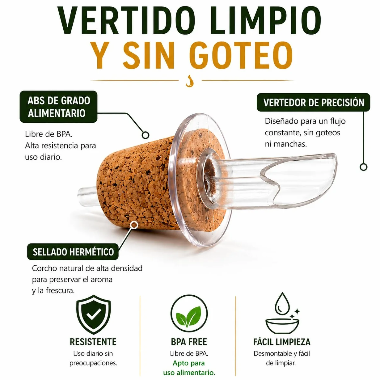 Aceitera Antigoteo 500 ml con Embudo Plegable – Botella de Vidrio con Tapón de Corcho Natural para Aceite y Vinagre