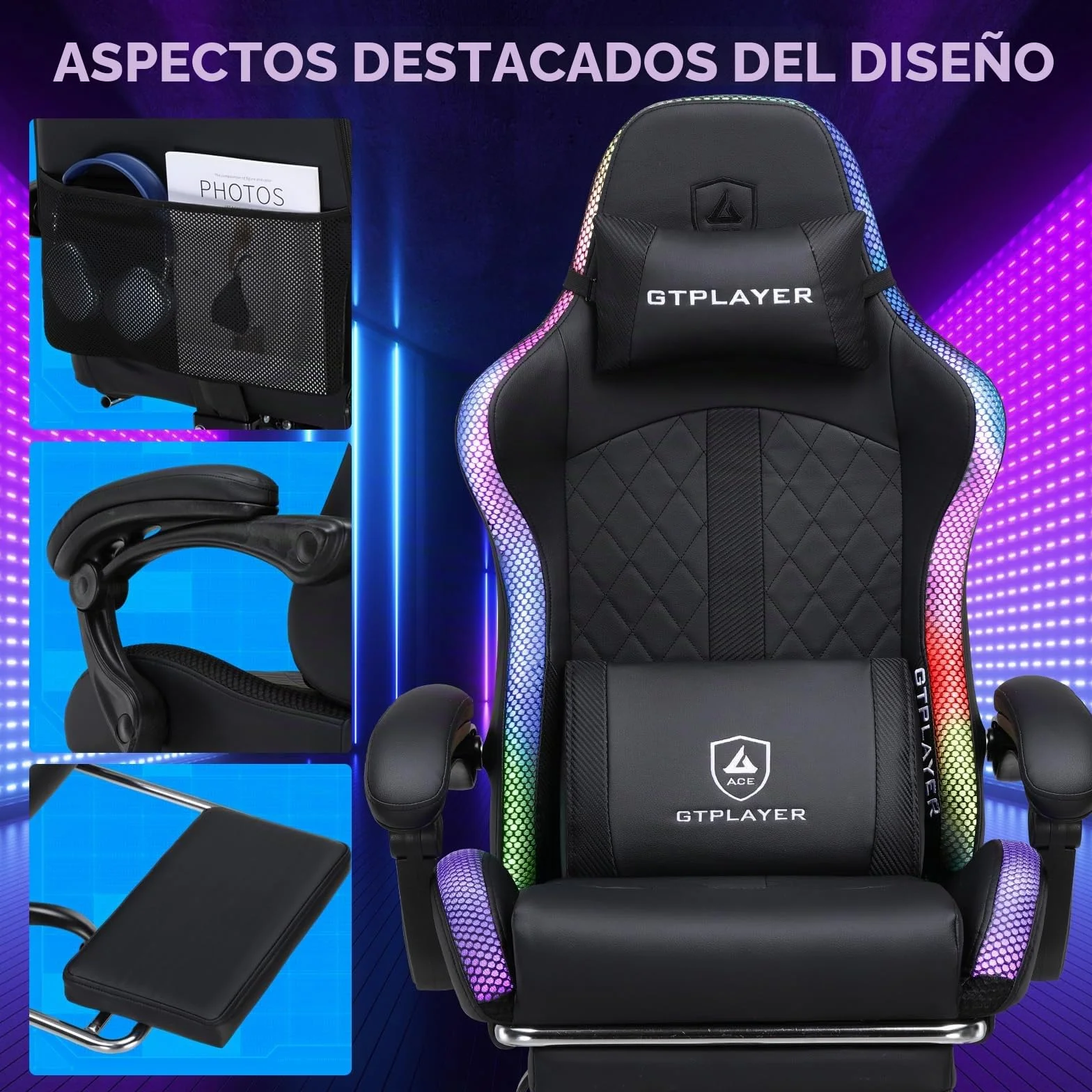 GTPLAYER Silla de gaming, silla de oficina, silla de gaming con altavoz y barra de luz, silla gamer, respaldo con bolsa de almacenamiento, silla ergonómica de PC con mando a distancia