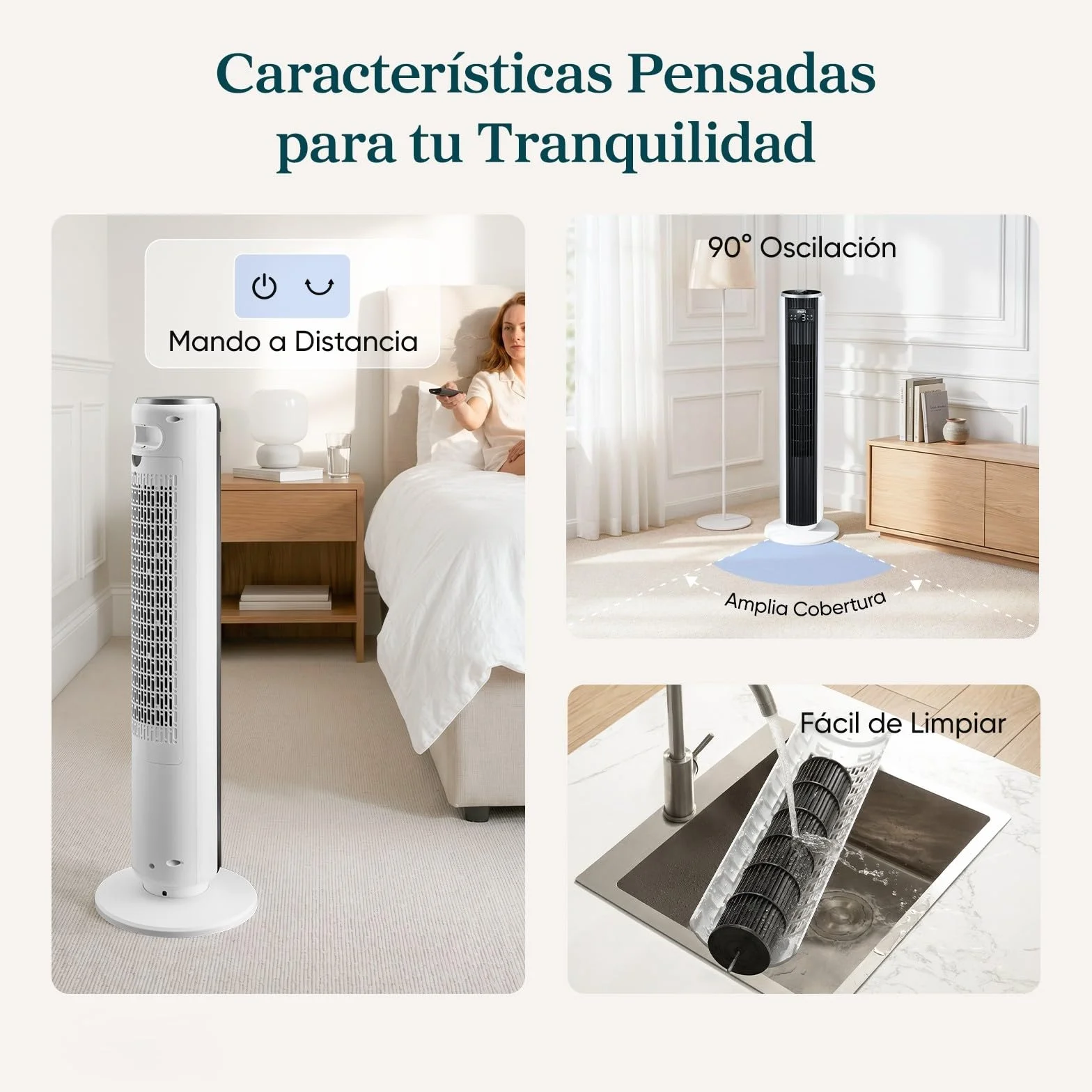 LEVOIT Ventilador de Torre 26W Motor DC 7.9m/s Silencioso 12 Velocidades Temporizador 12H Oscilación 90° Blanco