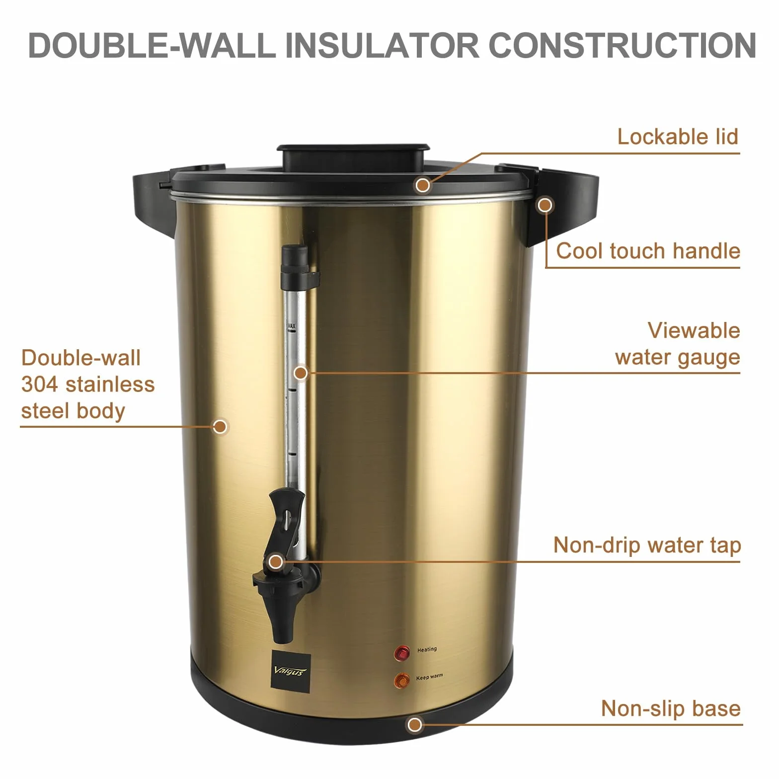 Valgus Cafetera Percoladora 55 Tazas 8L Acero Inoxidable Doble Pared Comercial