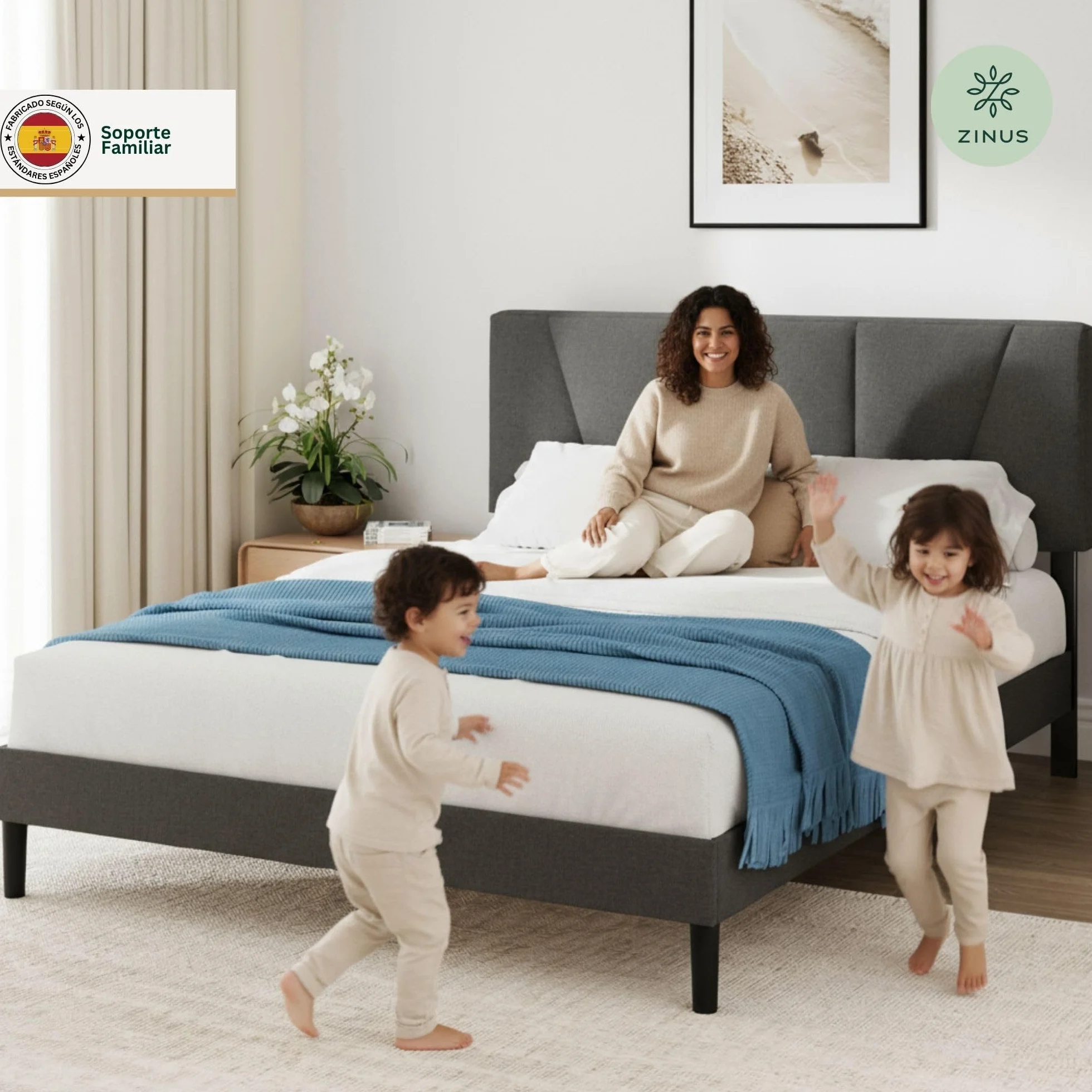Zinus Maya Estructura Cama 150x190 cm Queen Size Tapizada con Cabecero Láminas de Madera Gris Oscuro