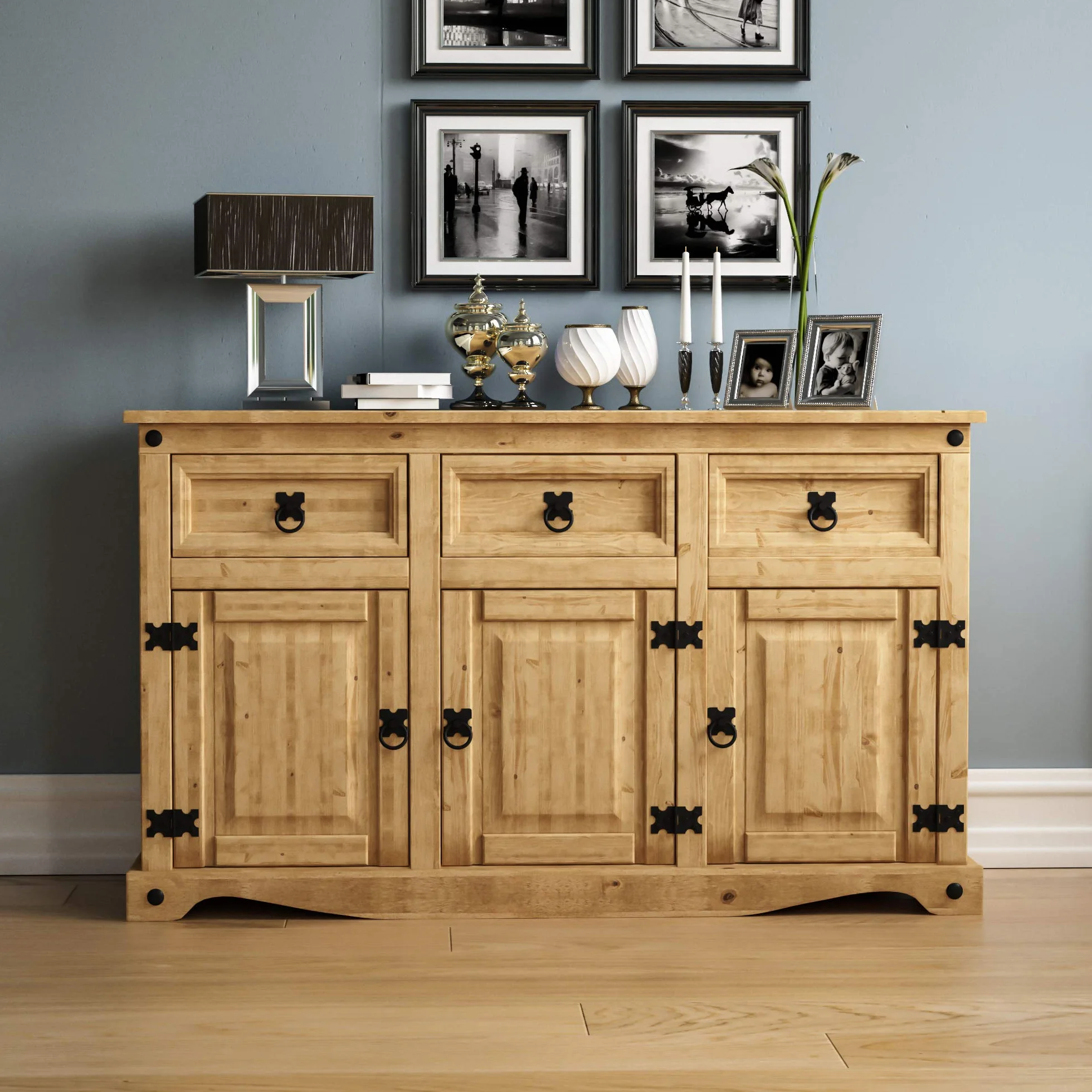Vida Designs Corona - Aparador con 3 puertas y 3 cajones, madera de pino maciza, para salón, comedor, dormitorio