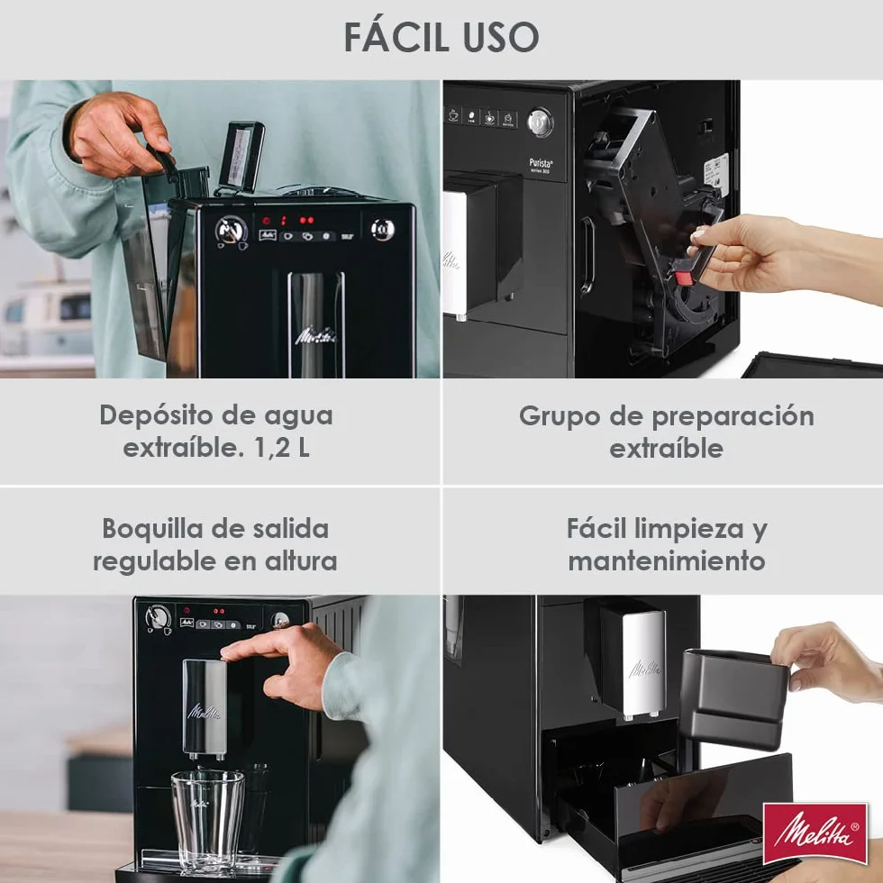 Melitta, Solo E950-222, Cafetera Superautomática con Molinillo, 15 Bares, Café en Grano para Espresso, Limpieza Automática, Personalizable, Pure Black