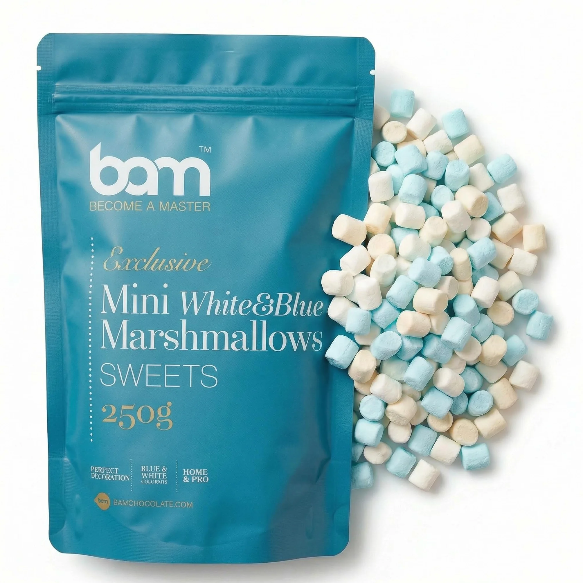 BAM Mini Malvaviscos 250 g Marshmallow Decoración Pasteles Blanco Azul