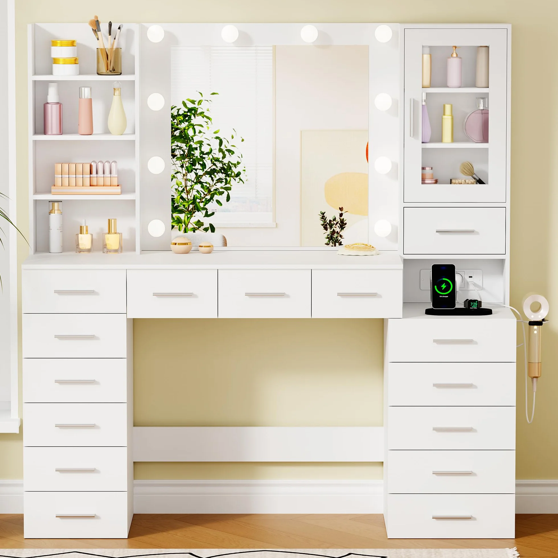 ANWBROAD Grande Tocador con luz LED, Brillo Regulable,Tocador de Maquillaje con Espejo y Enchufes, Mesa de Maquillaje con 15 cajones y 7 Estantes Abiertos para Dormitorio,Blanco Moderno BDT37W