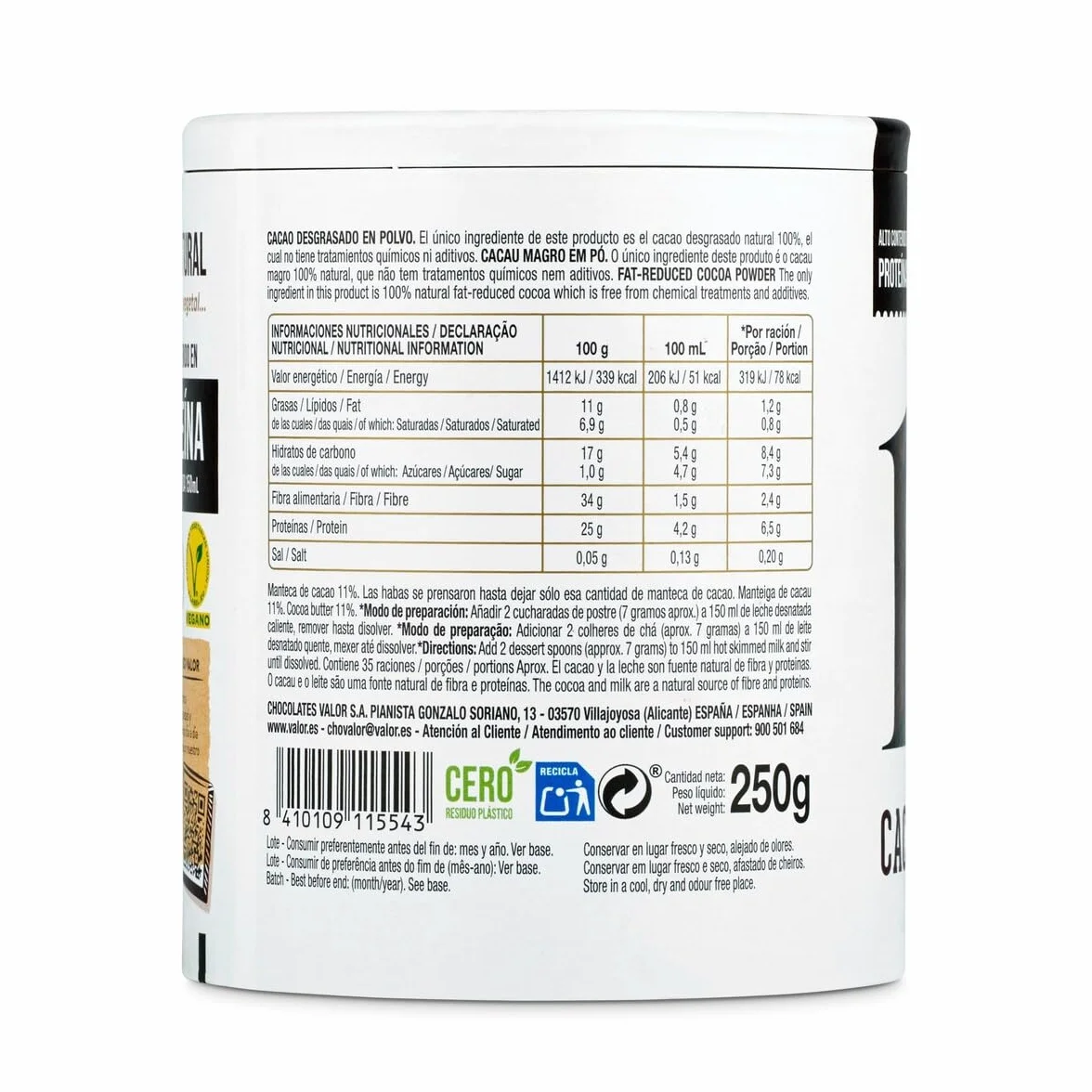 Valor Cacao puro natural 100% soluble en polvo sin azúcares añadidos sin gluten 250 Gramos
