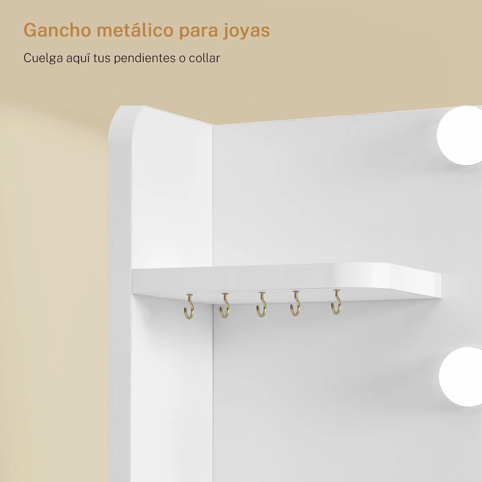 Mesa de Maquillaje con Luces y Espejo, Tocador Blanco con 4 Cajones y Estantes