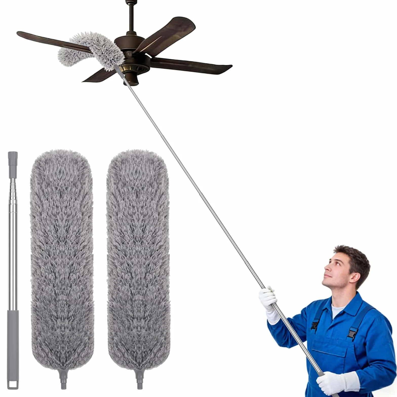 Plumero con Poste Telescópico Largo, 2 Cabezales de Microfibra Lavables, Herramienta de Limpieza Extensible para el Hogar