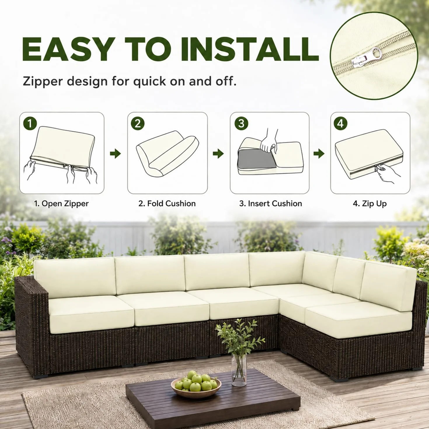 Hiseng Fundas Cojín Asiento 2 Piezas Impermeables Jardín Exterior Cremallera 50x55x10cm Beige