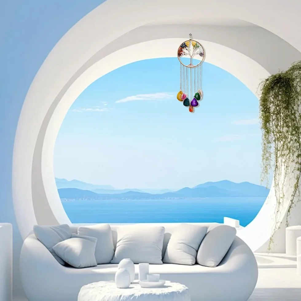 7 Chakra Campana de viento Árbol de la vida de discos de ágata natural, campana de viento de cristal hecha a mano para exterior e interior, decoración de pared con piedras preciosas.