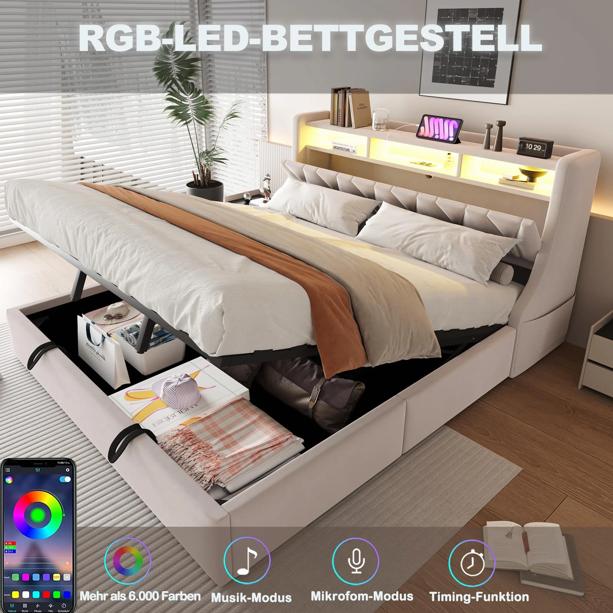 Sapgaks - Cama de 180 x 200 cm, con somier LED y USB, cama doble de 180 x 200 cm, con baúl de almacenamiento y cabeza ajustable, tapizado con láminas, 2 personas marco (sin colchón)