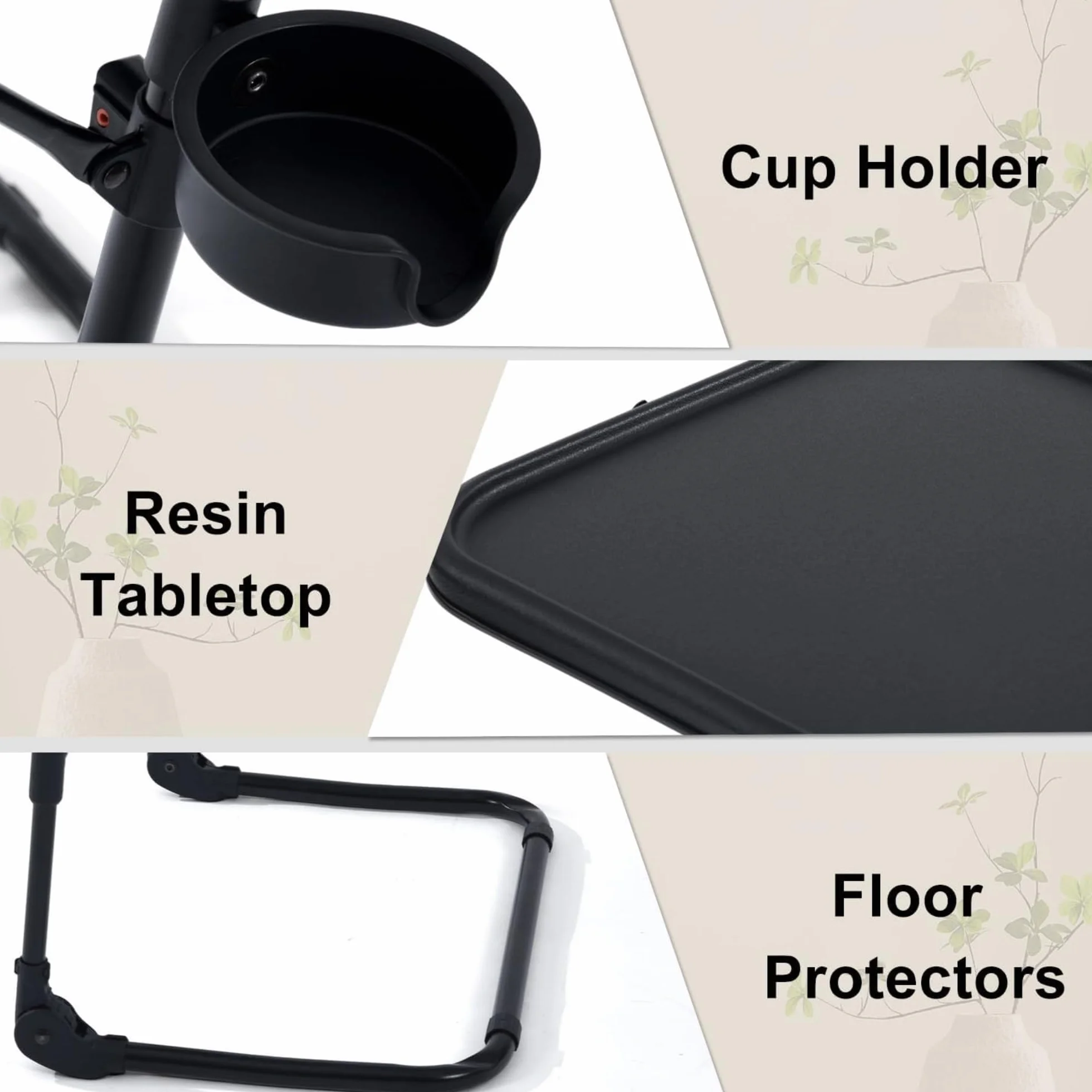 Mesa de TV Ajustable con 4 Alturas y 3 Ángulos de Inclinación, Bandejas de Cena, Portavasos, Negro
