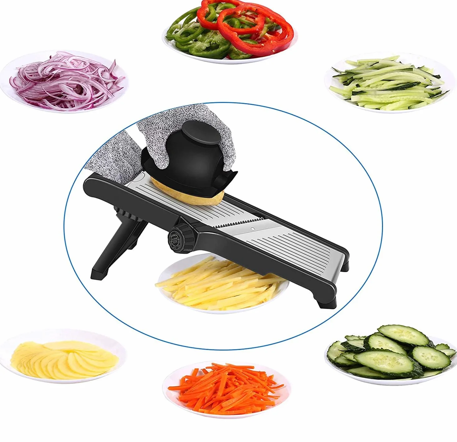 Mandolina de Cocina Profesional Cortador de Verdura - Mandolina Verduras con Guantes de Seguridad, Ajustable en Acero Inoxidable, Hacer Rodajas Gruesas de 1 a 9 mm, Cortador de Verduras Manual