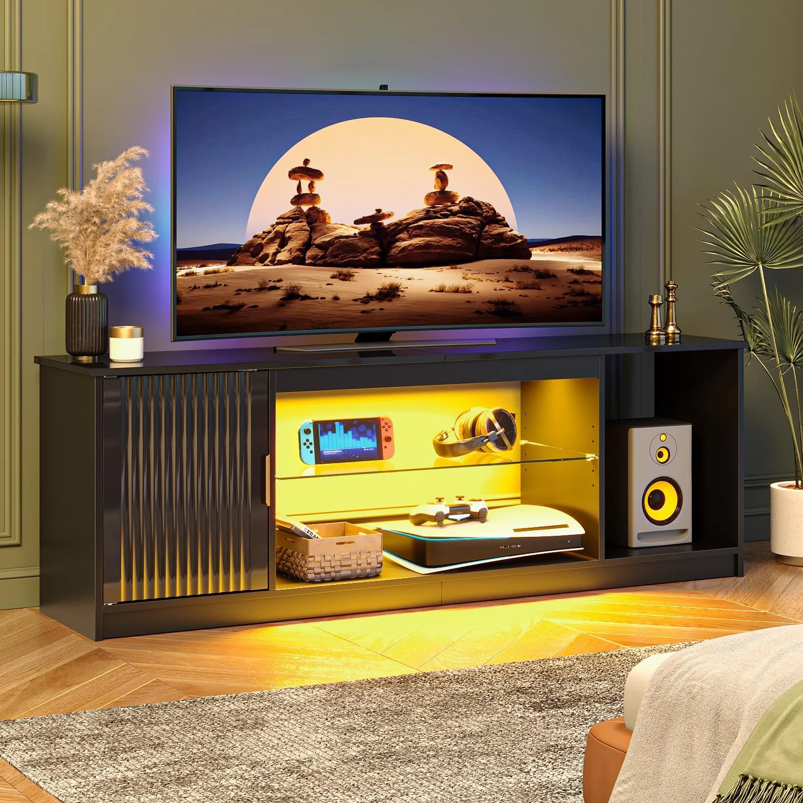 Bestier Mueble de TV para TV de 65 Pulgadas,Centro de Entretenimiento LED Gaming con Soporte Acanalado Brillante para PS5 y Xbox,Consola de TV con Estantes de Vidrio Ajustables,Negro Brillante