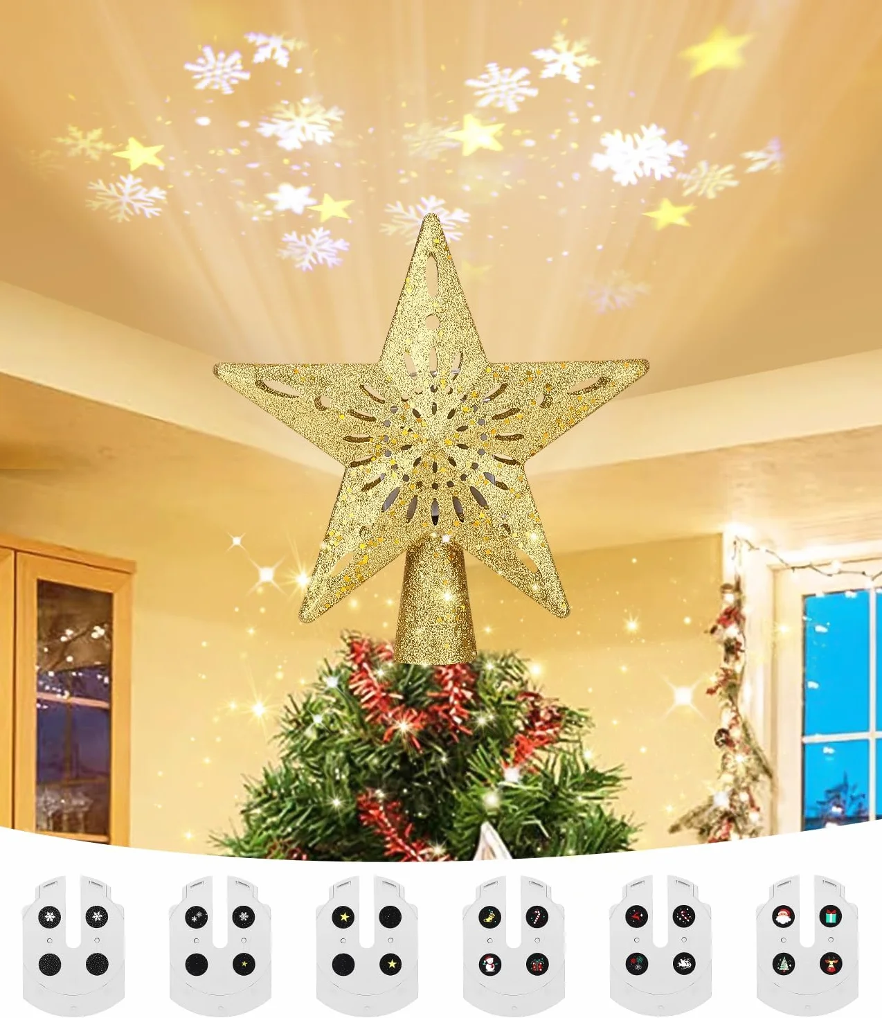 Estrella Proyector LED Topper Árbol Navidad Oro 3D Brillo