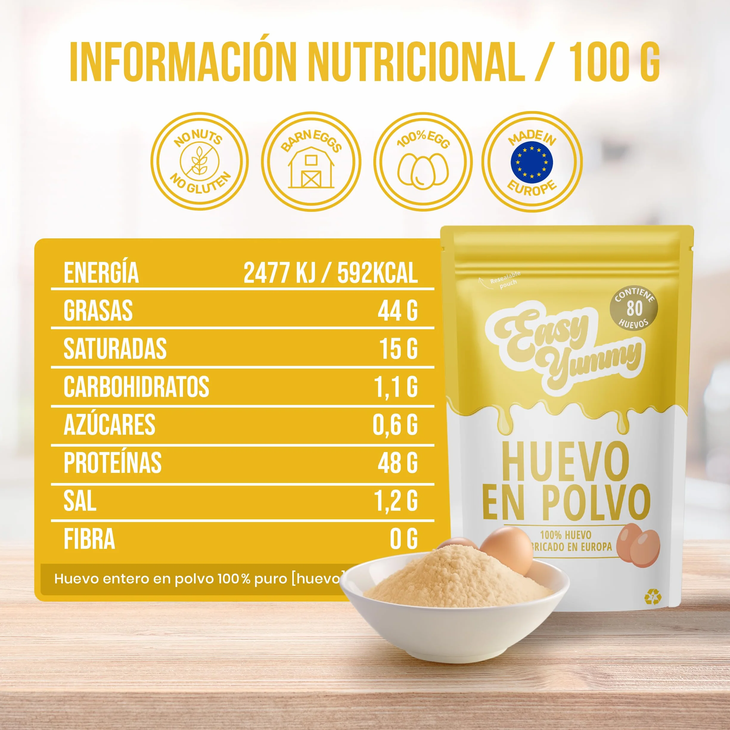 EASY YUMMY Huevo Entero en Polvo 1kg 100% Huevo en Polvo
