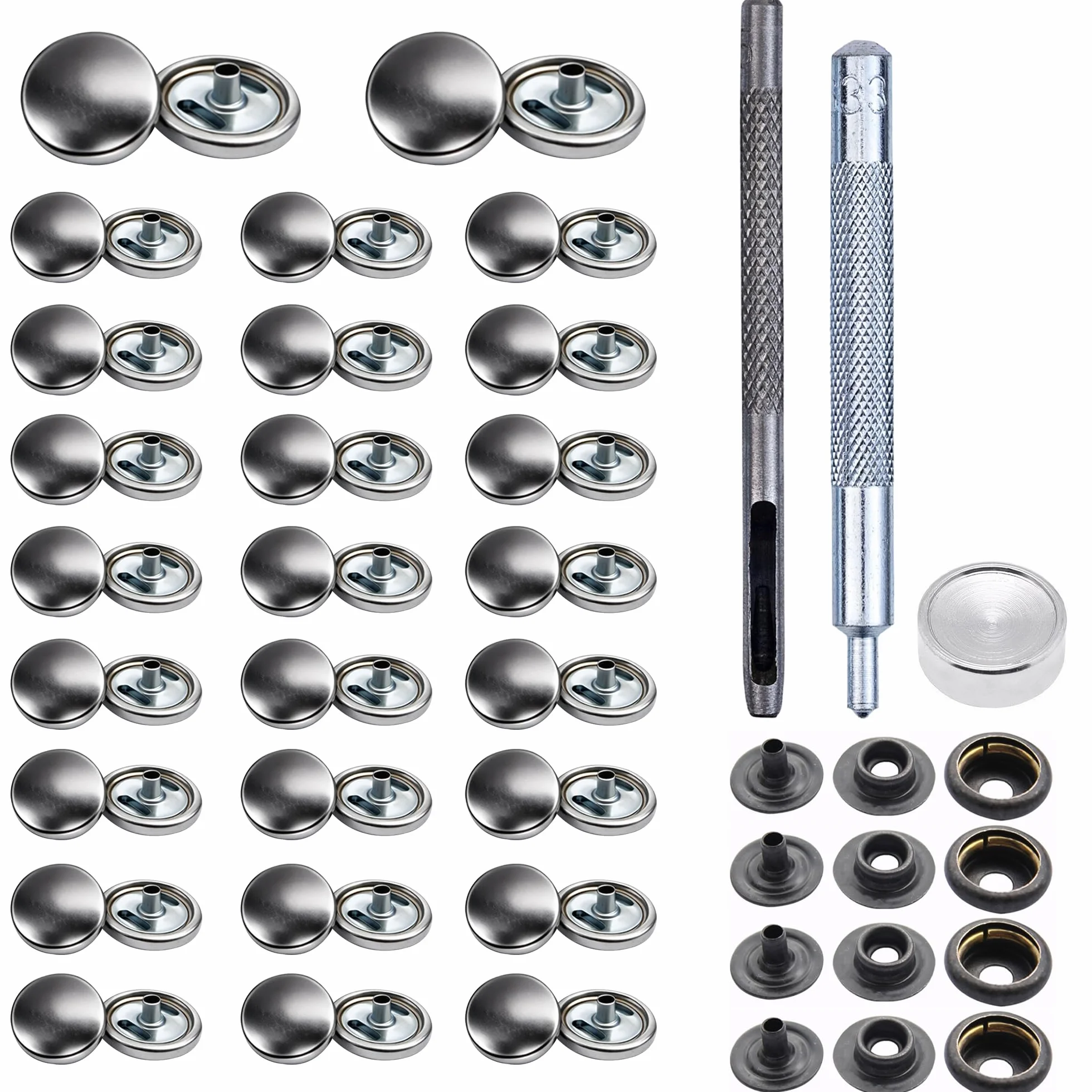 Trimming Shop 15mm Botones a Presión 4 Parte, Durable y Ligero Metal Cierres con Mano Fijación Herramienta para Jeans, Cuero, Tiras Costura Proyectos, Ropa Reparación - Plateado, 500pcs