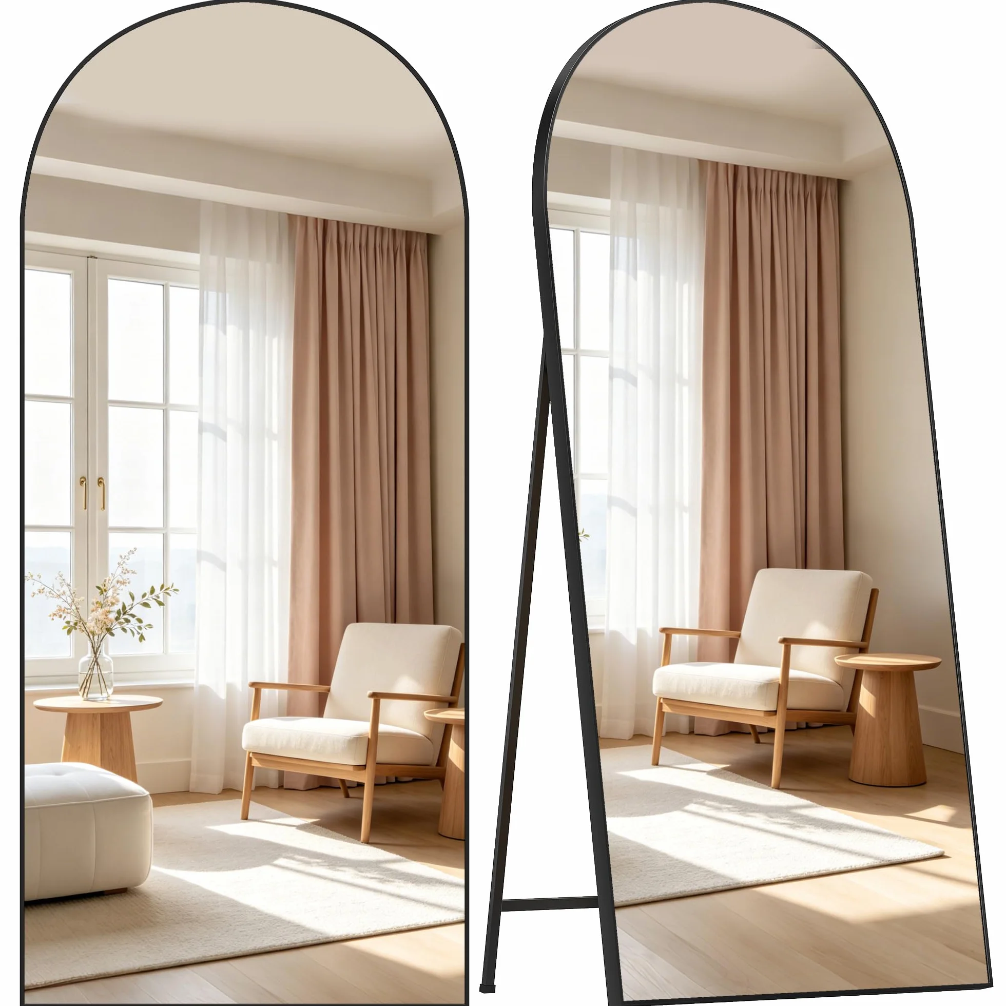HOMCOM Espejo de Cuerpo Entero, 180x80 cm, Espejo de Pie Arqueado, Marco de Aluminio Negro, Independiente, Apoyado y de Pared, para Dormitorio, Salón