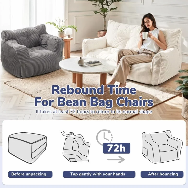 Pamapic Puff Salon, Sillon Puff con Relleno Incluido, Sofa Puf con Asas Portátiles, Sillas de Salon Ergonomicas Moderno, Bean Bag Interior para Sala de Estar, Dormitorio, Sala de Juegos, Gris