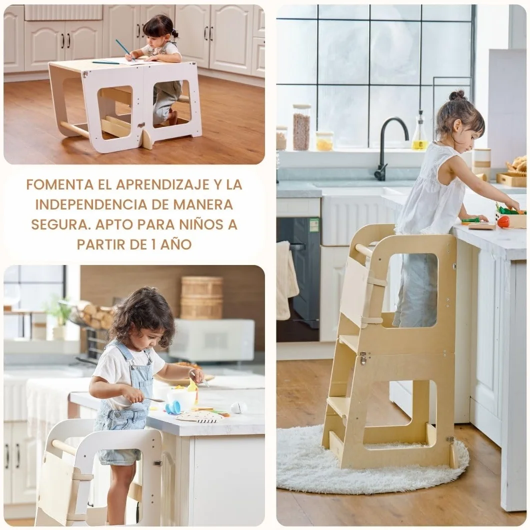 Torre de Aprendizaje Montessori para Niños Convertible en Escritorio – Torre de Observación de Madera para Niños de 12 Meses a 6 Años (Madera Natural)