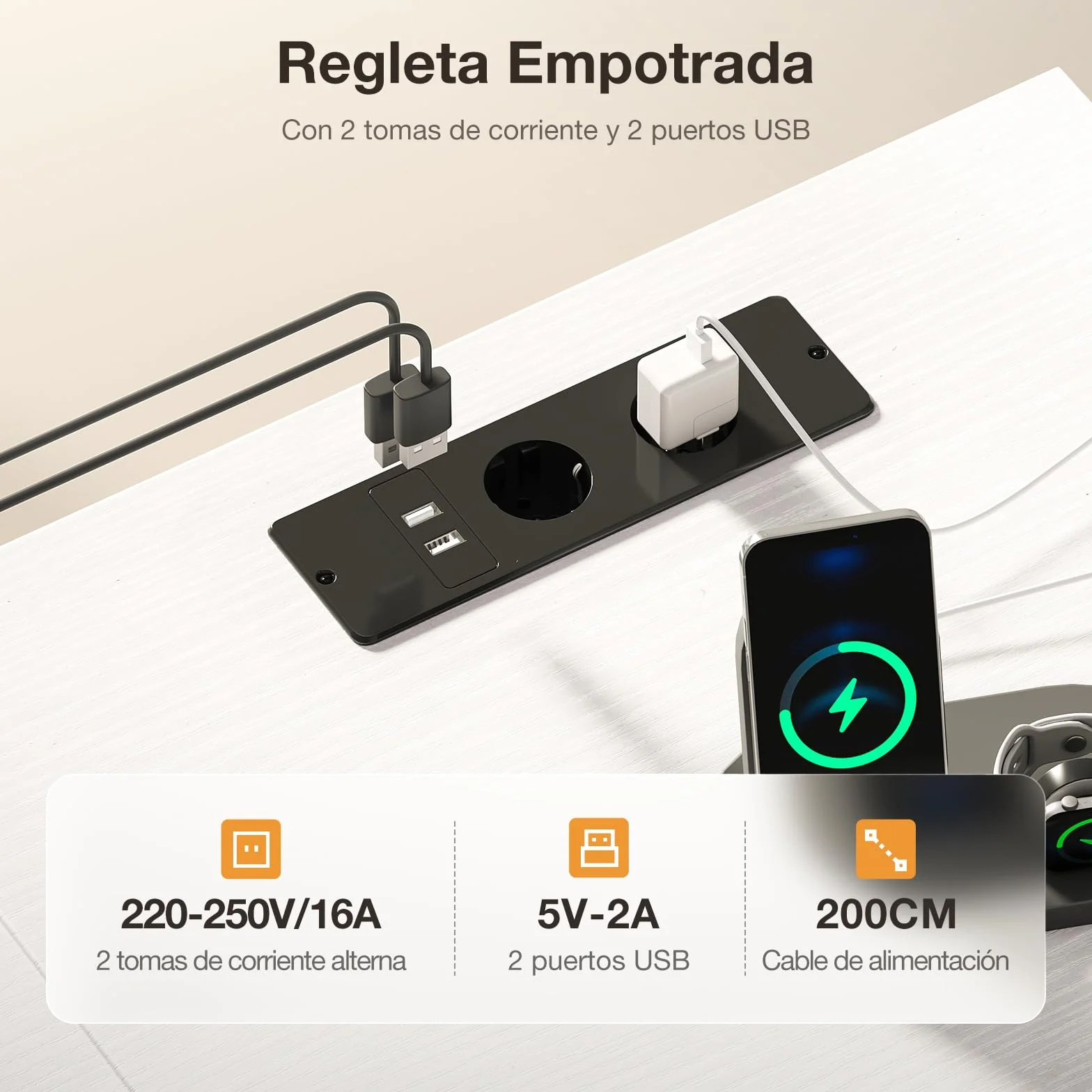 ODK Escritorio con 3 Cajones de Tela, 100x48cm Mesa de Ordenador con Estantes Escritorio Oficina con Puerto y Toma de Carga USB para Oficina, Salón, Hogar, Blanco