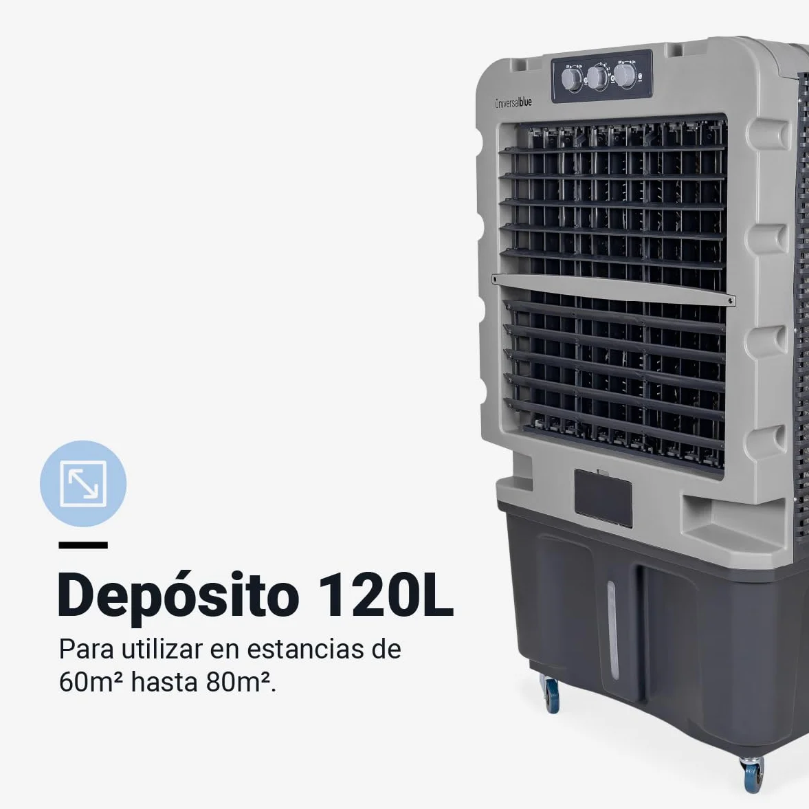 UNIVERSALBLUE Climatizador Evaporativo 120L, Caudal 10.000 m³/h, Cobertura 80 m², 350W, 3 Packs de Hielo, con Ruedas, Interiores y Exteriores, Almacenes