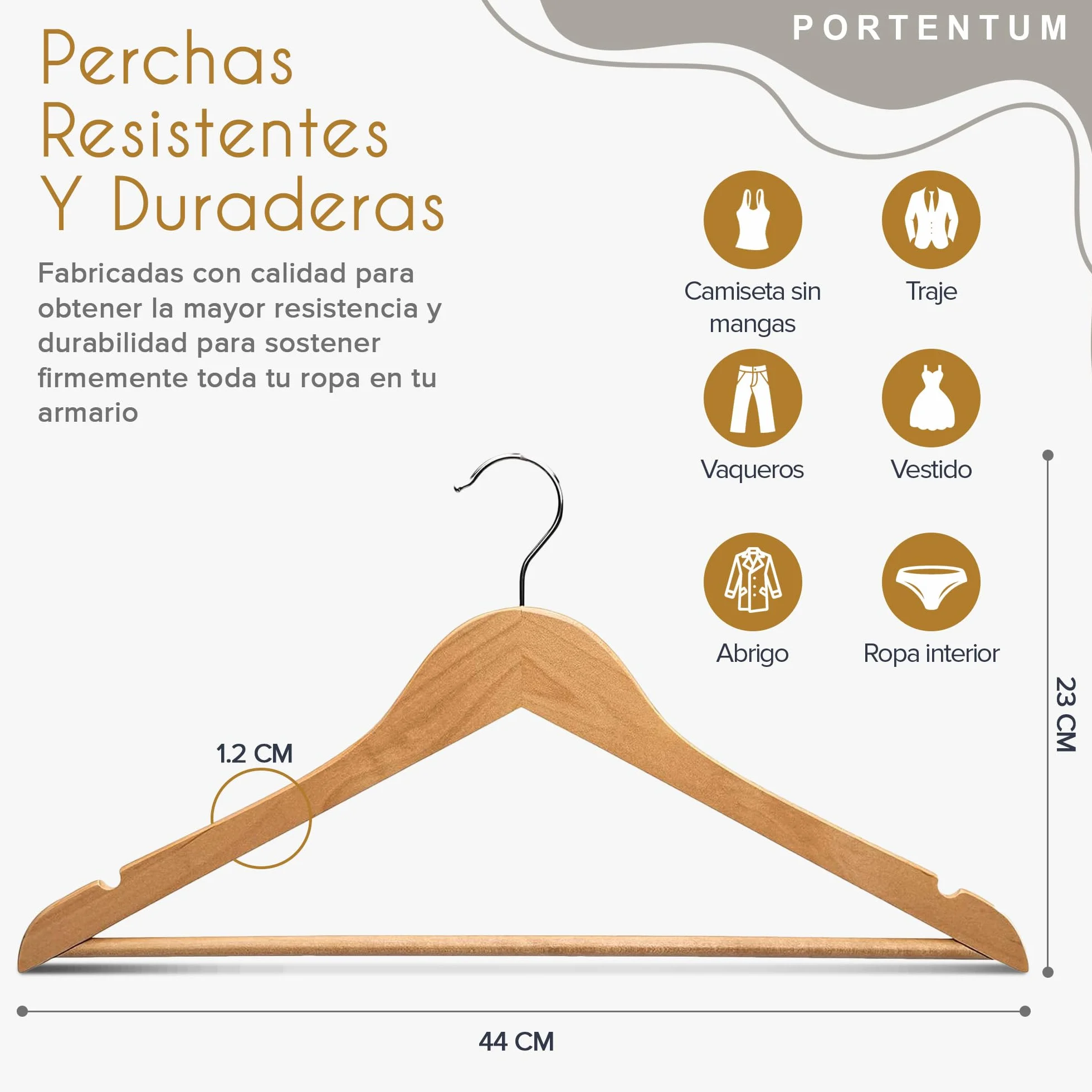 PORTENTUM Set de 20 Perchas de Madera para Ropa, Color Natural. Gancho Giratorio 360º, Perchas Pantalones, Colgador Antideslizante para Trajes, Chaquetas y Camisas, Muescas para Vestidos y Blusas