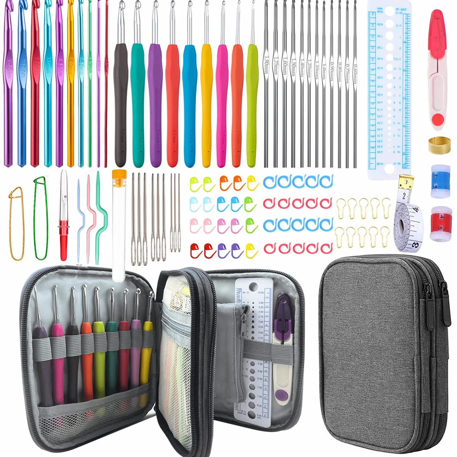 Weabetfu Juego de 102 agujas de ganchillo con estuche, agujas ergonómicas de ganchillo para manos artríticas y accesorios de ganchillo, juego completo de ganchillo para principiantes y amantes del