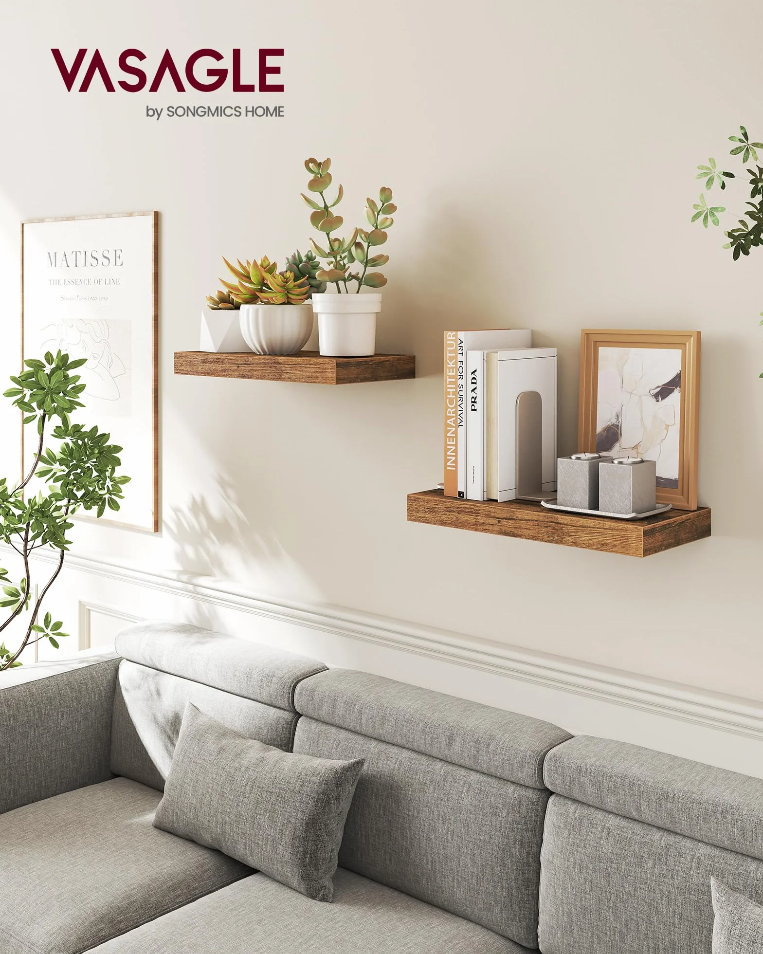VASAGLE Estante de Pared Flotante 20 x 40 x 3,8 cm Marrón Rústico LWS24BX