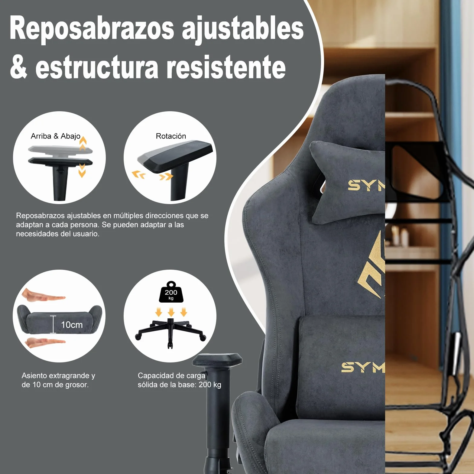 Symino Silla Gaming Ergonómica Reclinable con Reposapiés Ajustable, Soporte Lumbar y Reposacabezas Regulable, Altura Ajustable para Adultos hasta 200kg (Gamuza Artificial,Grey)