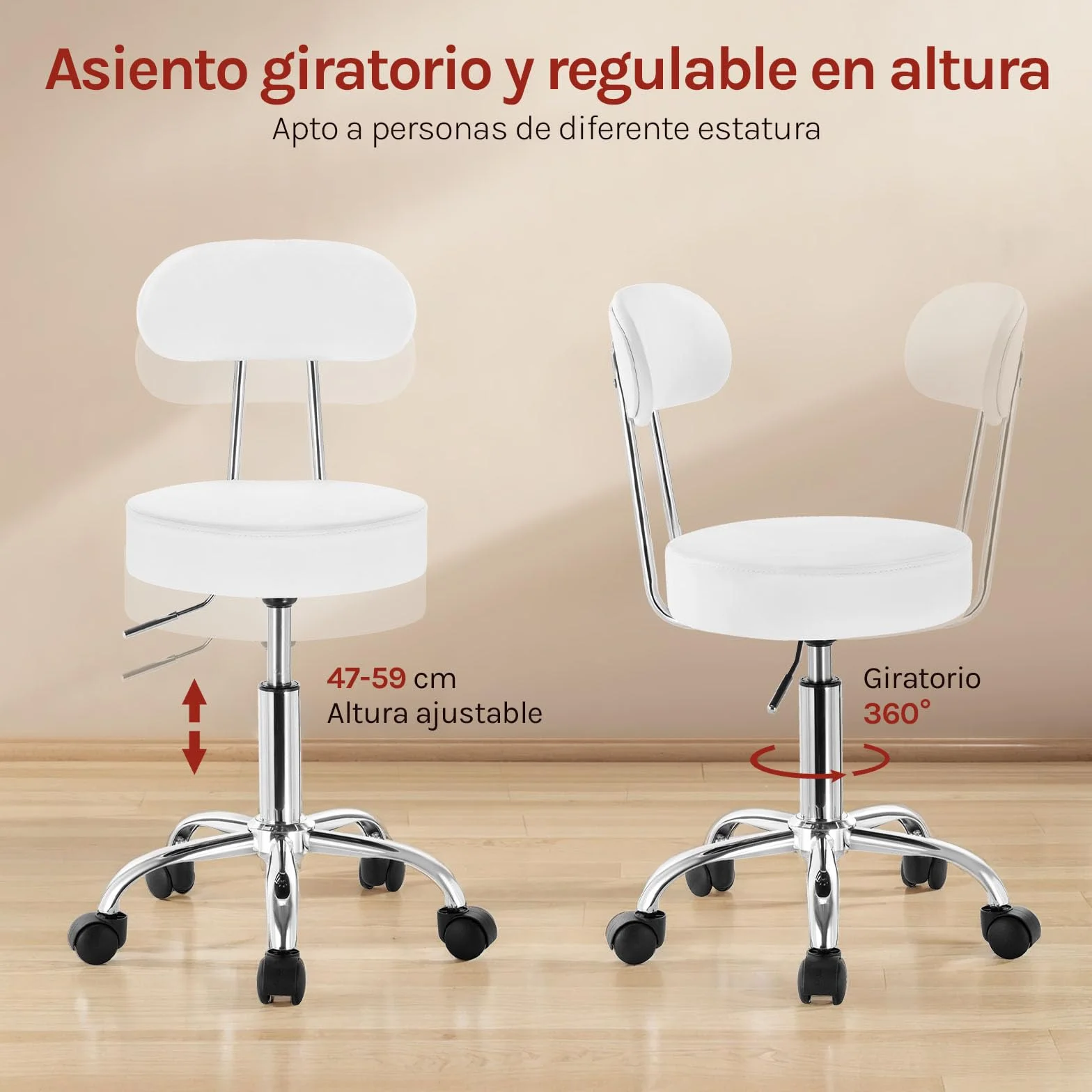 WOLTU Taburete Giratorio de Oficina con Respaldo Altura Regulable Blanco 1 Pieza