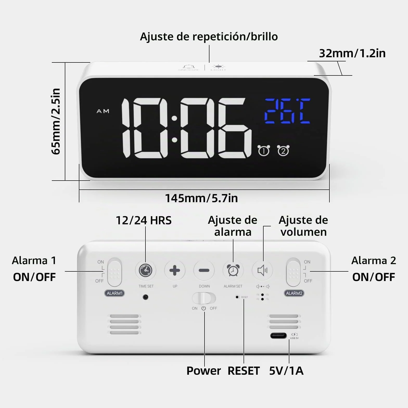Reloj Despertador Digital LED con Pantalla de Temperatura, Alarma de Espejo Portátil, Doble Alarma, Atenuador Brillo 4 Niveles Blanco
