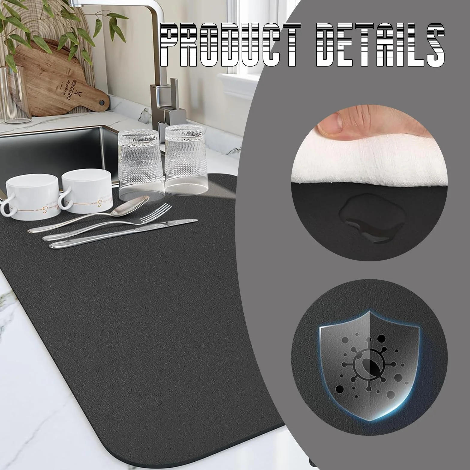 Alfombrilla Cafetera Alfombrilla Escurreplatos con Fondo Antideslizante Estera para Máquina de Café Escurreplatos Protector de Encimera, para Mostrador de Cocina (Gris oscuro, 50cm*40cm)
