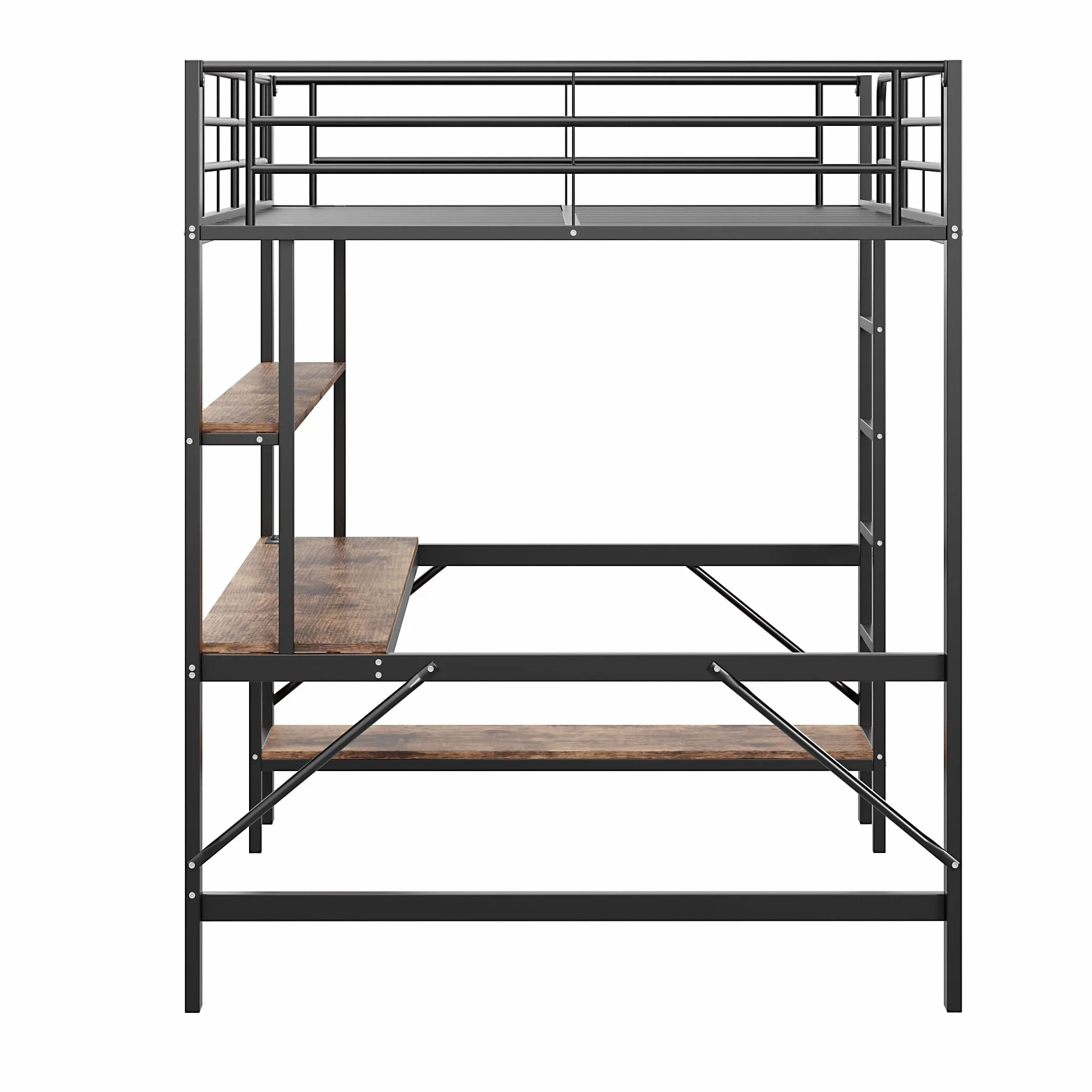 Seyakany cama Mezzanine Infantil 140 x 200 cm, cama Mezzanine de metal de 2 plazas con barreras y escalera, con tomas USB y eléctricas, con iluminación LED, escritorio, varias estanterías, sin colchón