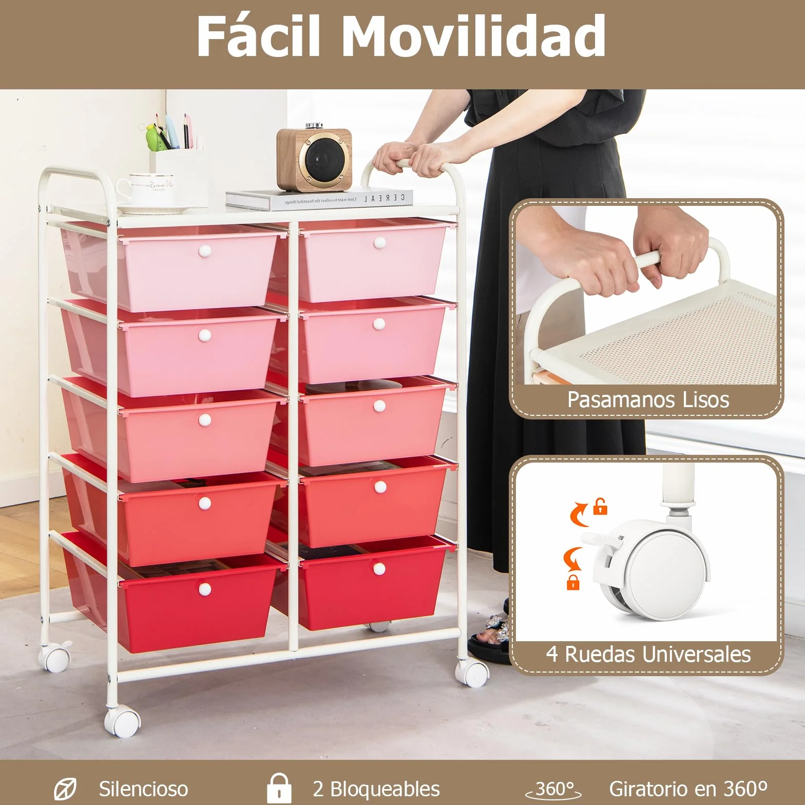 GOPLUS Carrito Auxiliar con 10 Cajones y Ruedas Giratorias Bloqueables, Organizador de Almacenamiento, Carrito de Utilidad Ligero y de Multiusos para la Escuela Oficina Casa (Rosa)