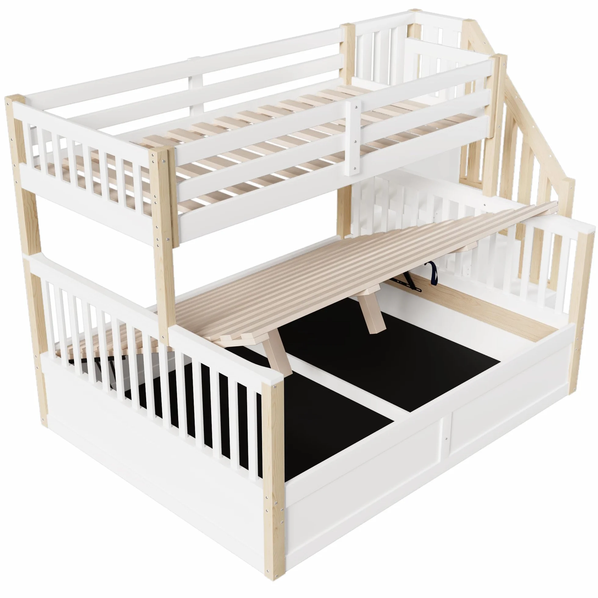 Litera 90(140) x200 cm con Almacenamiento Hidráulico y Escalera Almacenaje, Cama Litera Matrimonio para 2 Personas, Cama Infantil con Barandilla Anticaída y Lamas, Sin Colchón, Blanco+Natural