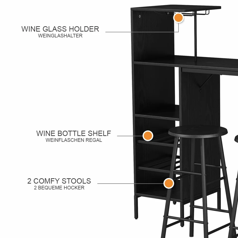 Vicco Juego de Mesa de Bar Naila, Negro, 121.5 x 40 cm con 2 taburetes, Apto como Comedor con Superficies de Almacenamiento para Guardar Objetos
