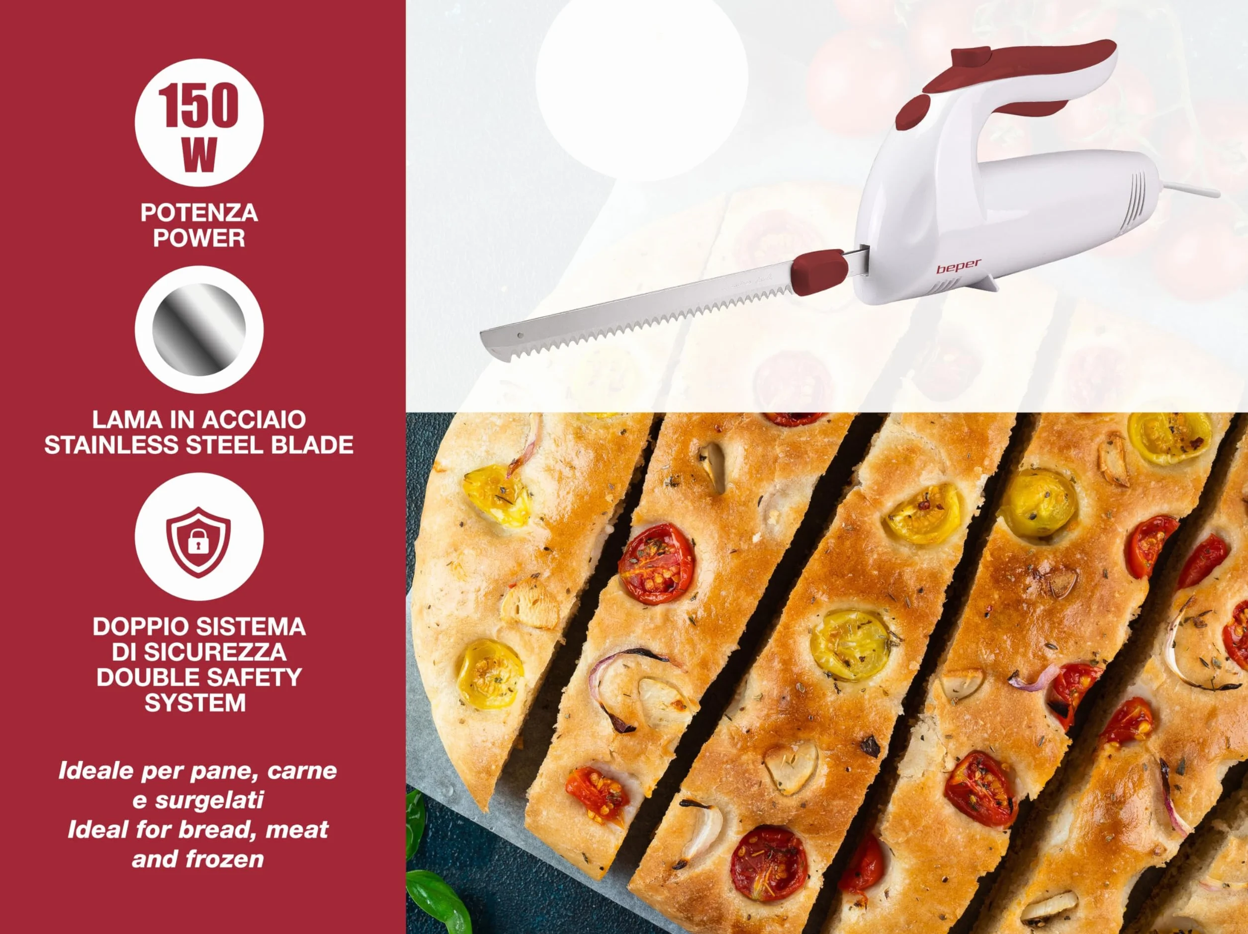 BEPER BP.790 Cuchillo de Cocina eléctrico, 150 W, ABS, Blanco/Rojo