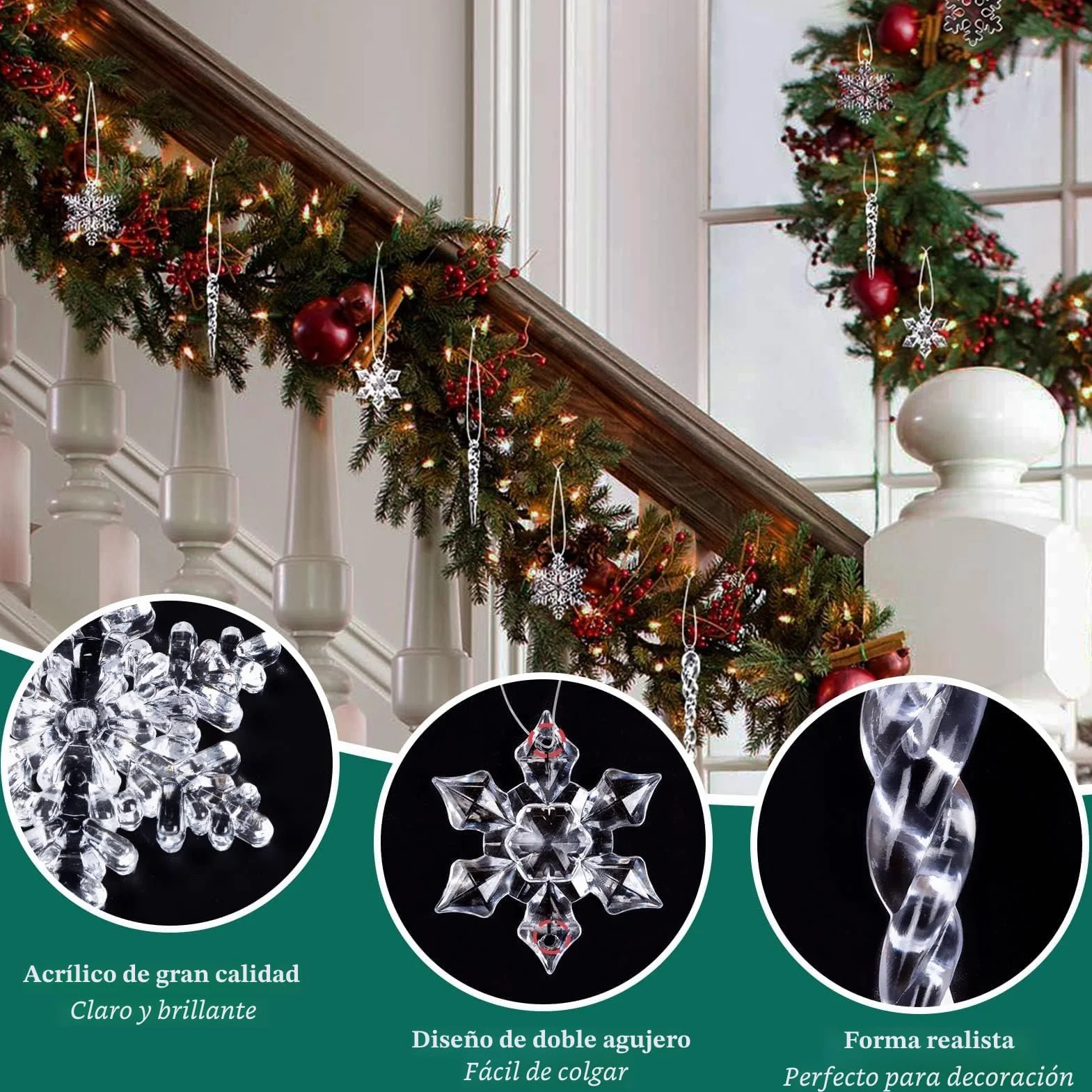 MELLIEX 32 Piezas Adornos Navidad Carámbano Copo de Nieve Acrílico Transparente Colgante Árbol Navidad