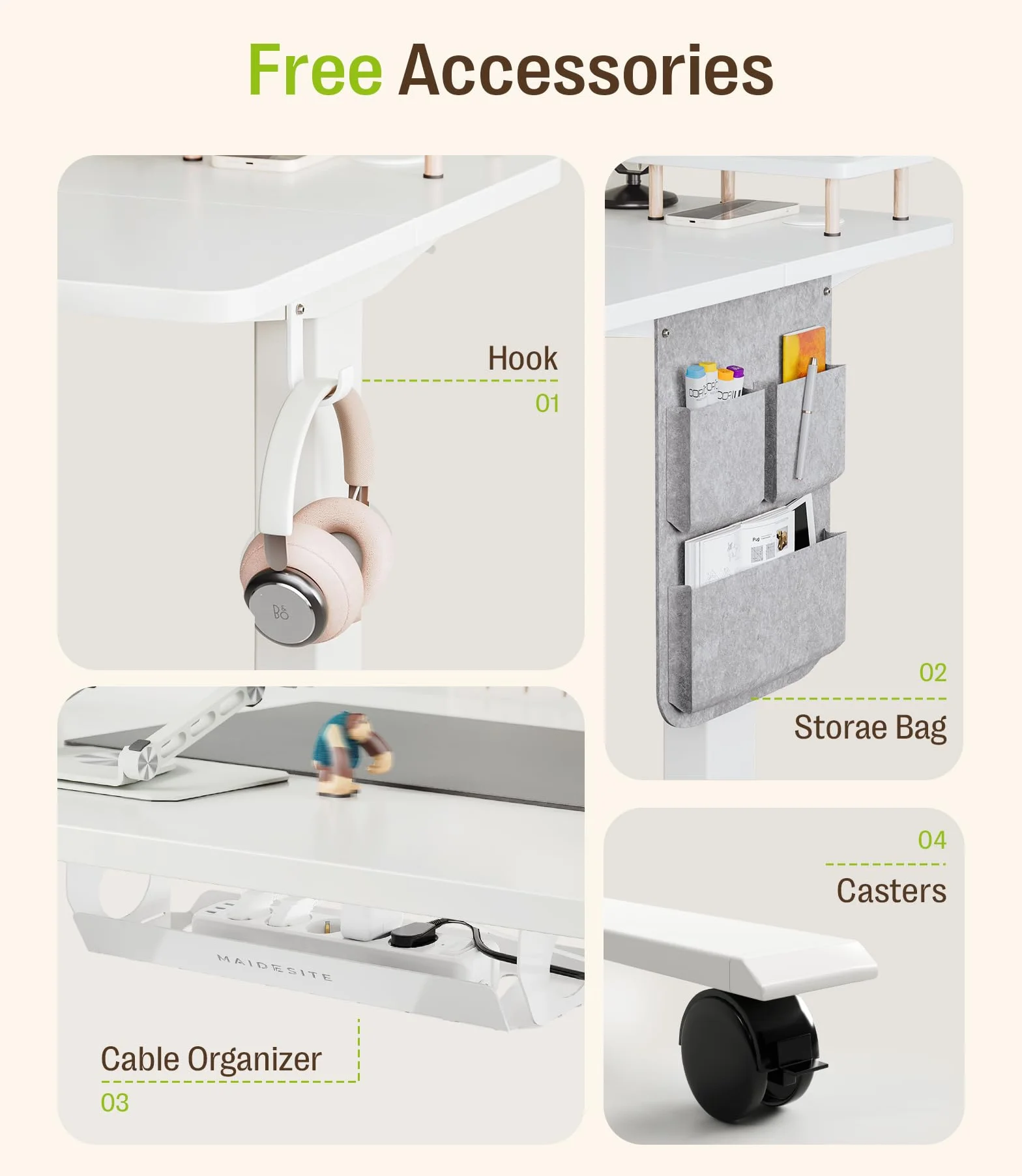MAIDeSITe Mesa Elevadora Eléctrica de Altura Ajustable, 120 x 60 cm Mesa de Pie y Sentado con Bandeja para Cables, Gancho y Bolsillos de Almacenamiento, Mesa Elevadora con Controlador de Memoria