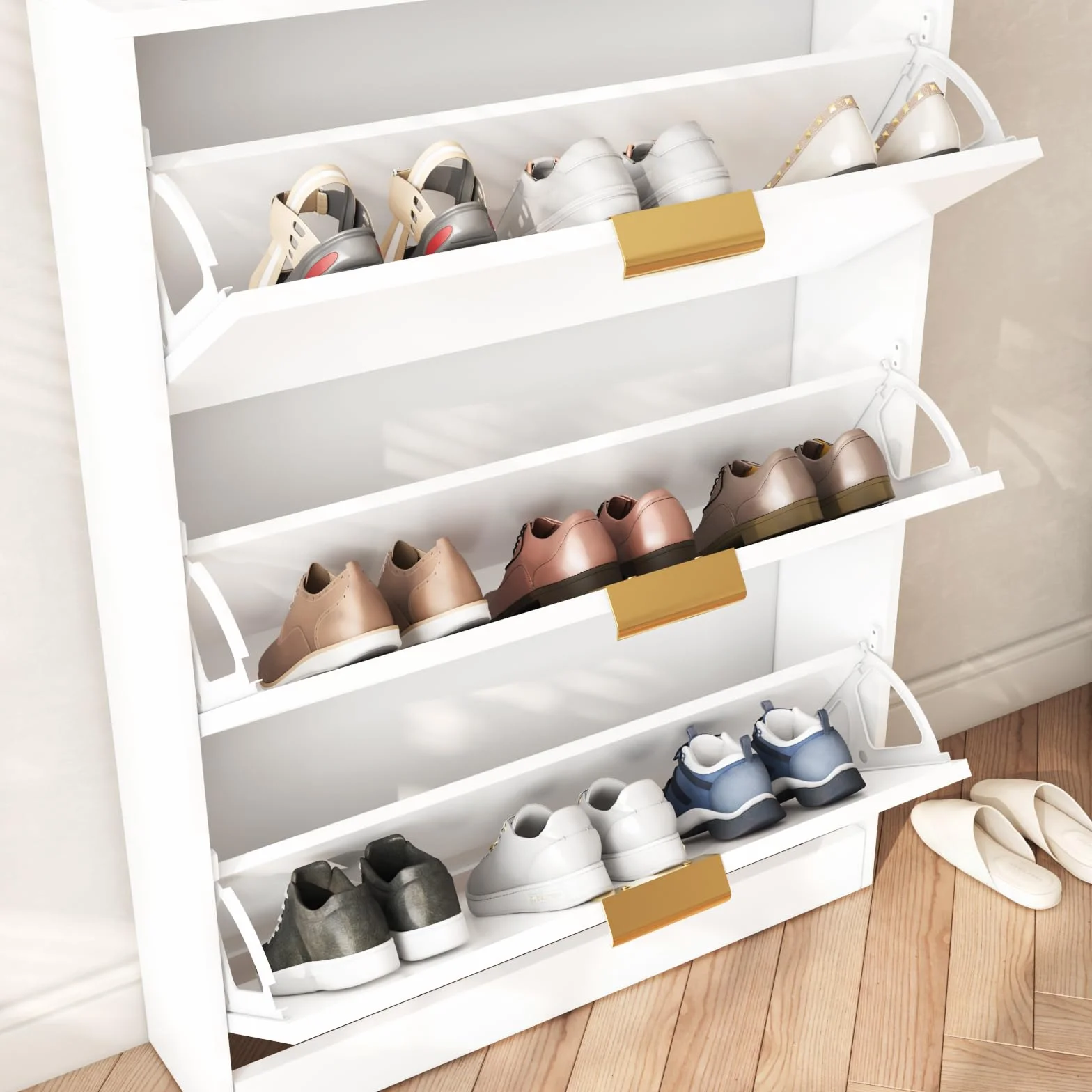 VOWNER Zapatero 3 Puertas, Zapatero Entrada Recibidor, 80 x 17 x 108 cm (Largo x Ancho x Alto), Blanco, Madera, para Entrada Estrecha, Pasillo